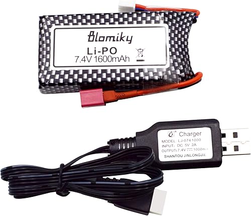 Blomiky 1 paquete de 11.84 Wh 7.4 V 1600 mAh conector T batería Li-Po y cable USB adecuado para 9125 1/10 escala 4X4 48KMH 4X4 Fast RC Truck Cars