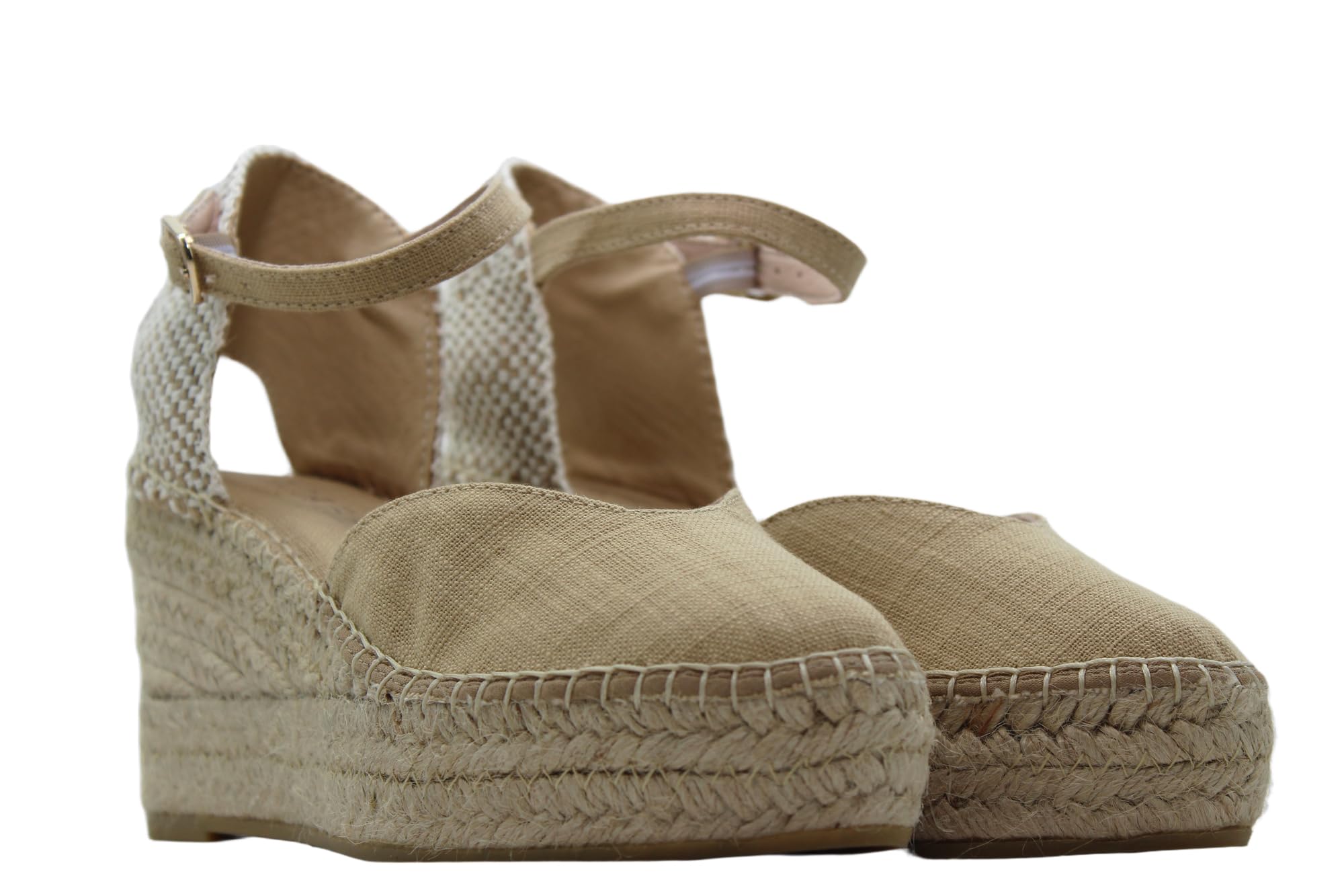 MACARENA - Alpargata de vestir, cuña de esparto, textil, hebilla y suela de goma, para: Mujer