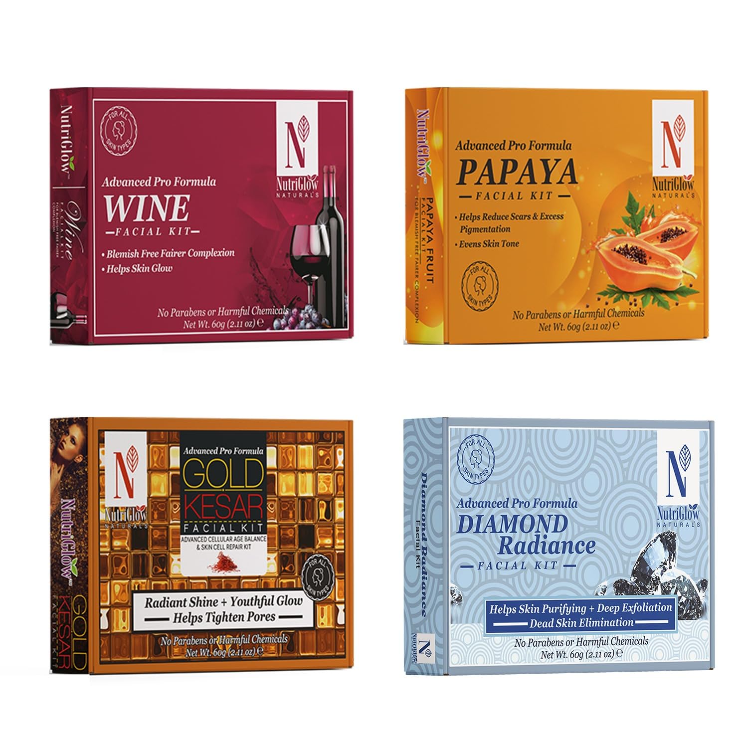 NATURAL'S Advance Pro Formula Diamond Radiance,Gold Kesar,Papaya,Wine Facial Kit For Polished Radiant Skin, Dark Spot Reduction & Wrinkle Free Skin,10gmx6 Each, Pack of 4