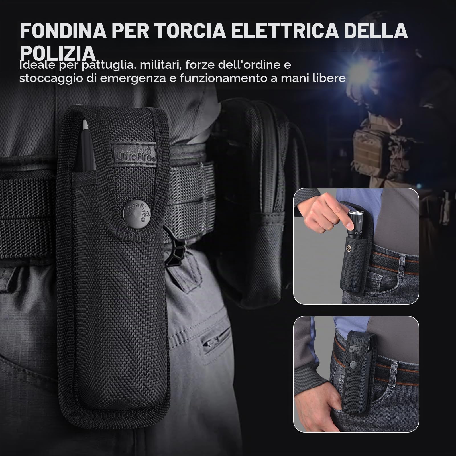 ULTRAFIRE Torcia tattica ricaricabile da 3100 lumen, con fondina, doppio interruttore, torcia a LED super luminosa, 6 modalità IPX8, impermeabile, LR1