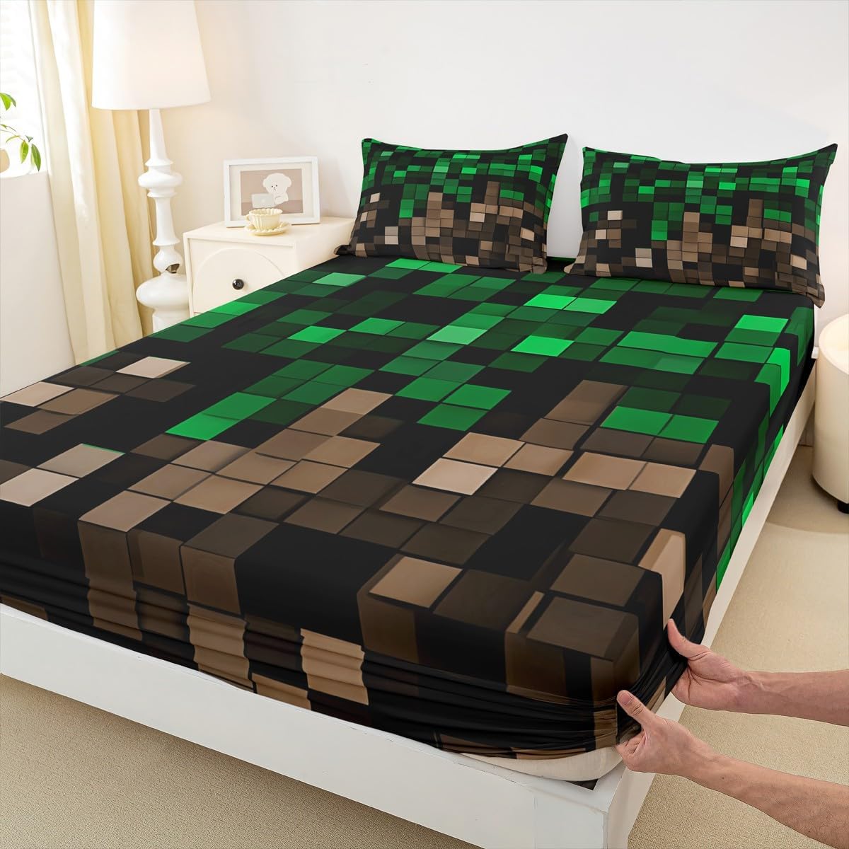 Miners Pixel Checked Kids Queen Size Fitted Sheet,Video Games Check Lattice Boys Girls Bed Sheets,Game Cartoon Gamepad Room Decor,Green Brown Bedding Set,2 Pillowcases(No Flat)