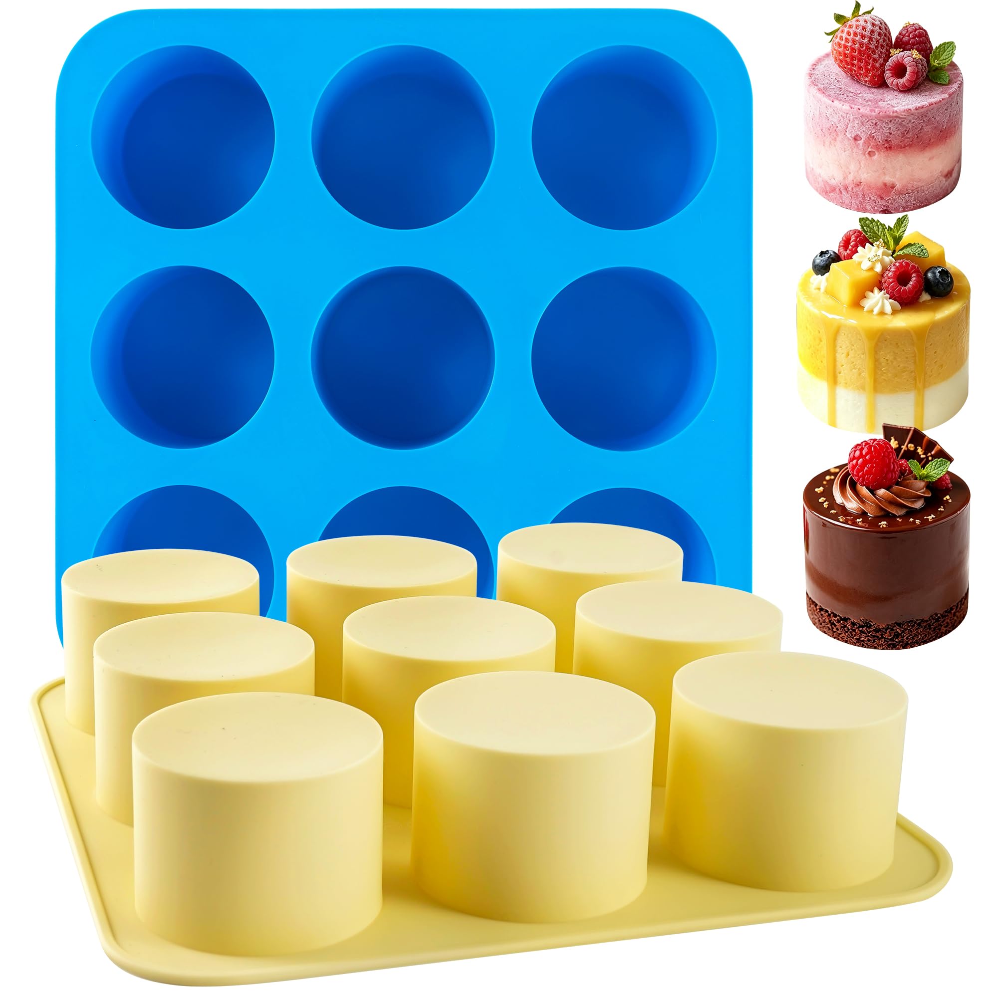 Sidosir 2Pcs Tall Cylinder Silicone Molds for Baking, 9-Cavity Non-Stick Silicone Baking Molds for Small Mousse Cake