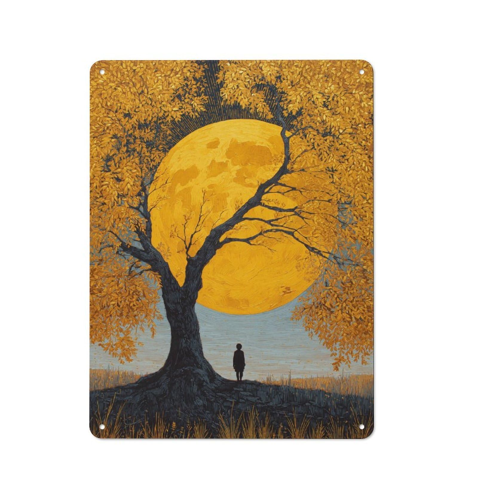 Junmoney Golden Moonlit Tree Rustic Metal Plaque 40X30cm For Dining Room Or Kitchen, A Housewarming Gift For Dining Room Decor Fans