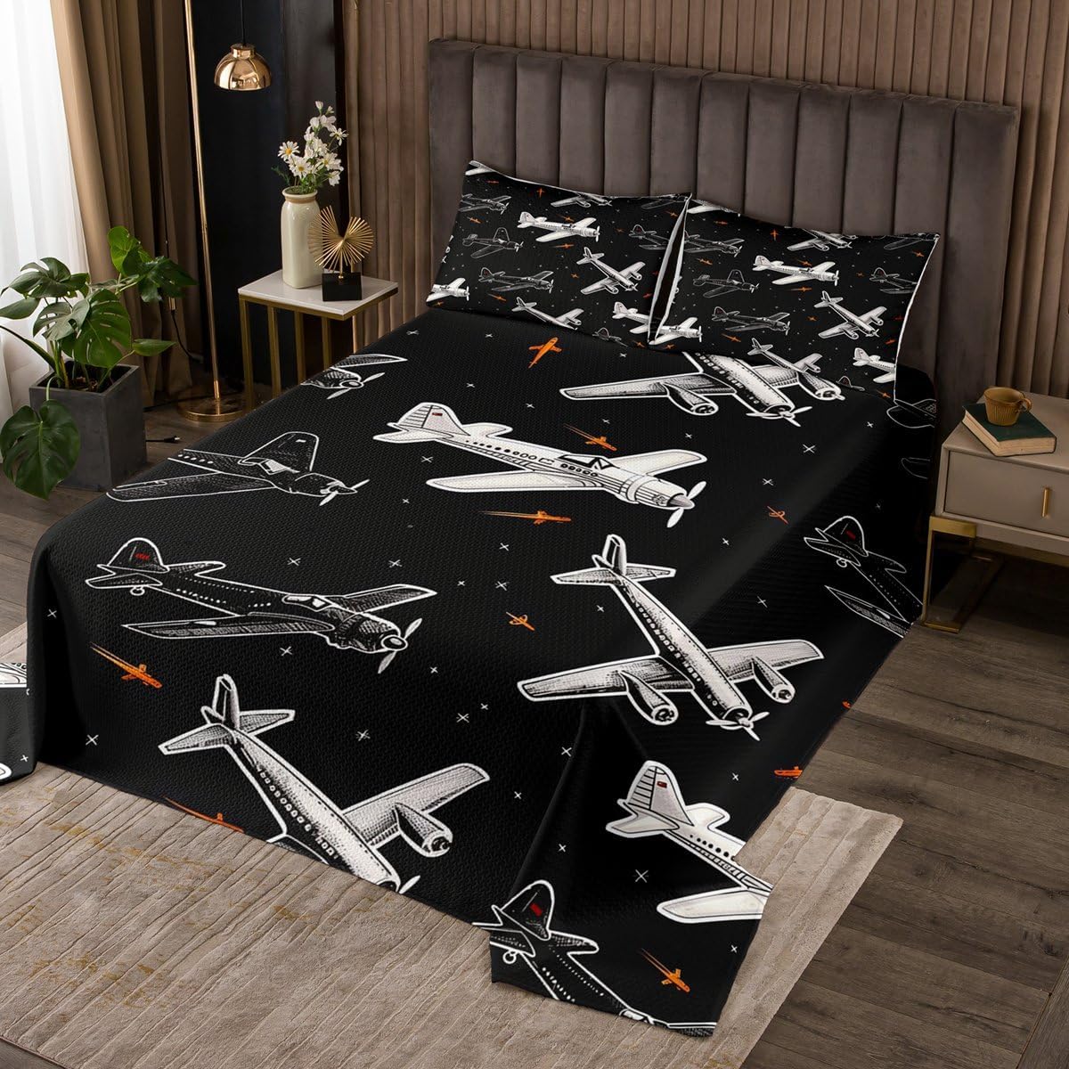 Erosebridal Boys Cartoon Airplane Queen Size Bedspread, Black and White Quilt Set, Modern Aircraft Coverlet, Aviation Theme Bedding Set for Kids Men Bedroom Decor