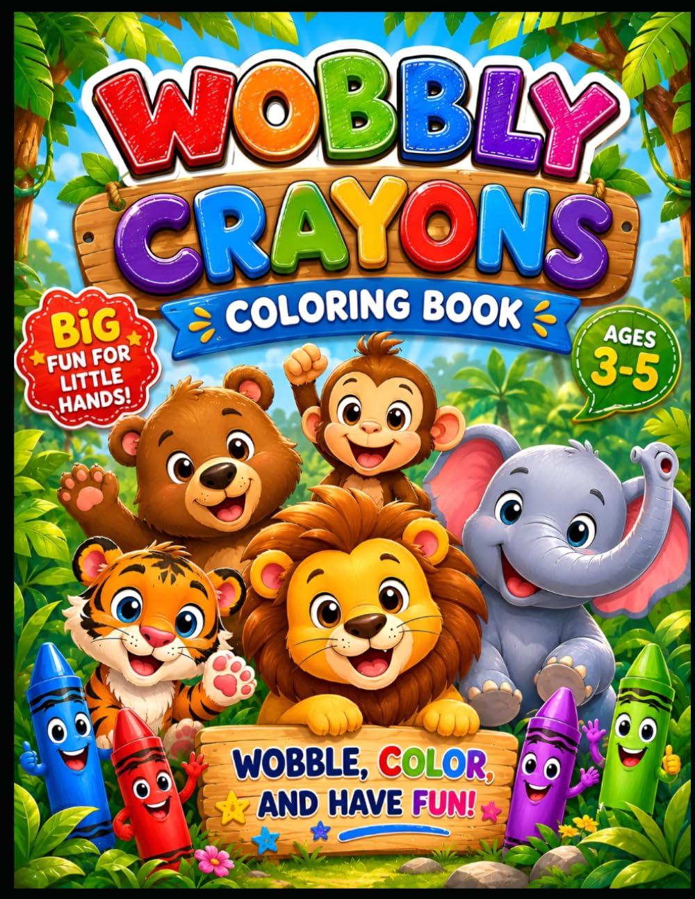 Wobbly Crayons Coloring Book : Animals: Easy Animal Coloring Pages for Toddlers and Preschoolers Ages 3–5 with Bold Lines for Early Learning, Creativity, and Fun