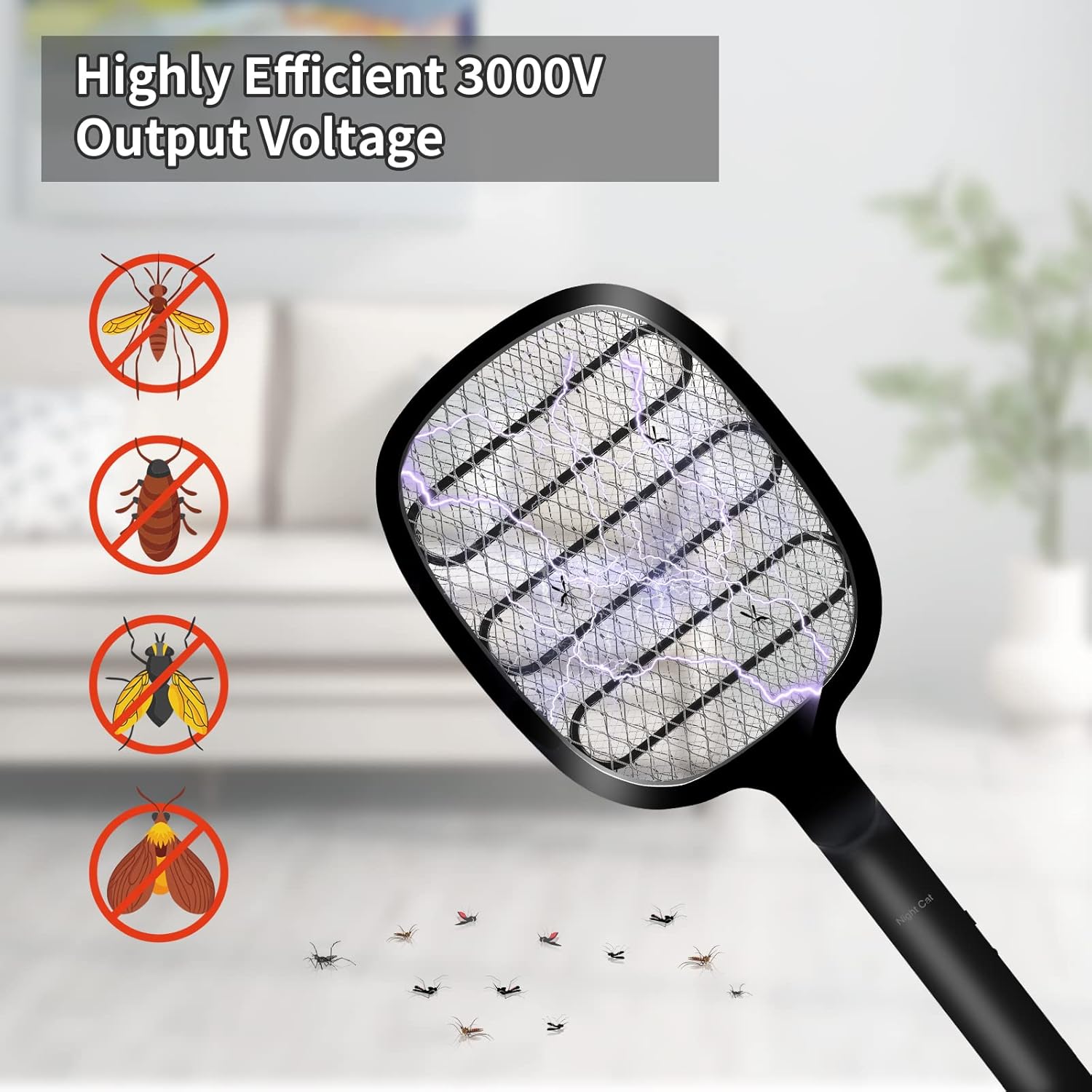 Night Cat Bug Zapper Racket in action, showing electric discharge as it zaps insects.