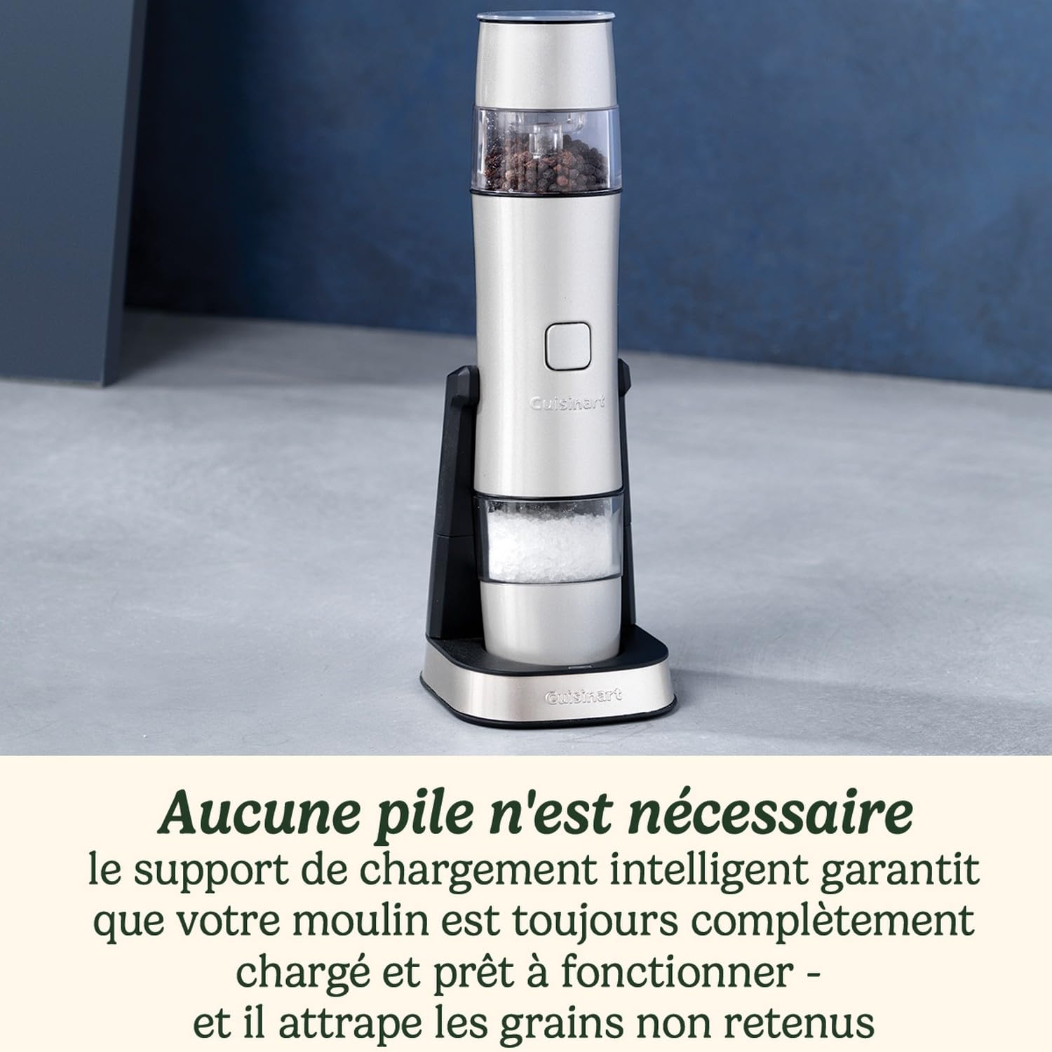 Cuisinart Moulin à sel et à poivre électrique - Moulin à assaisonnement rechargeable - Aucune pile requise, chargement en 20 minutes - Capuchon doseur - Réglages de mouture ajustables - Bleu