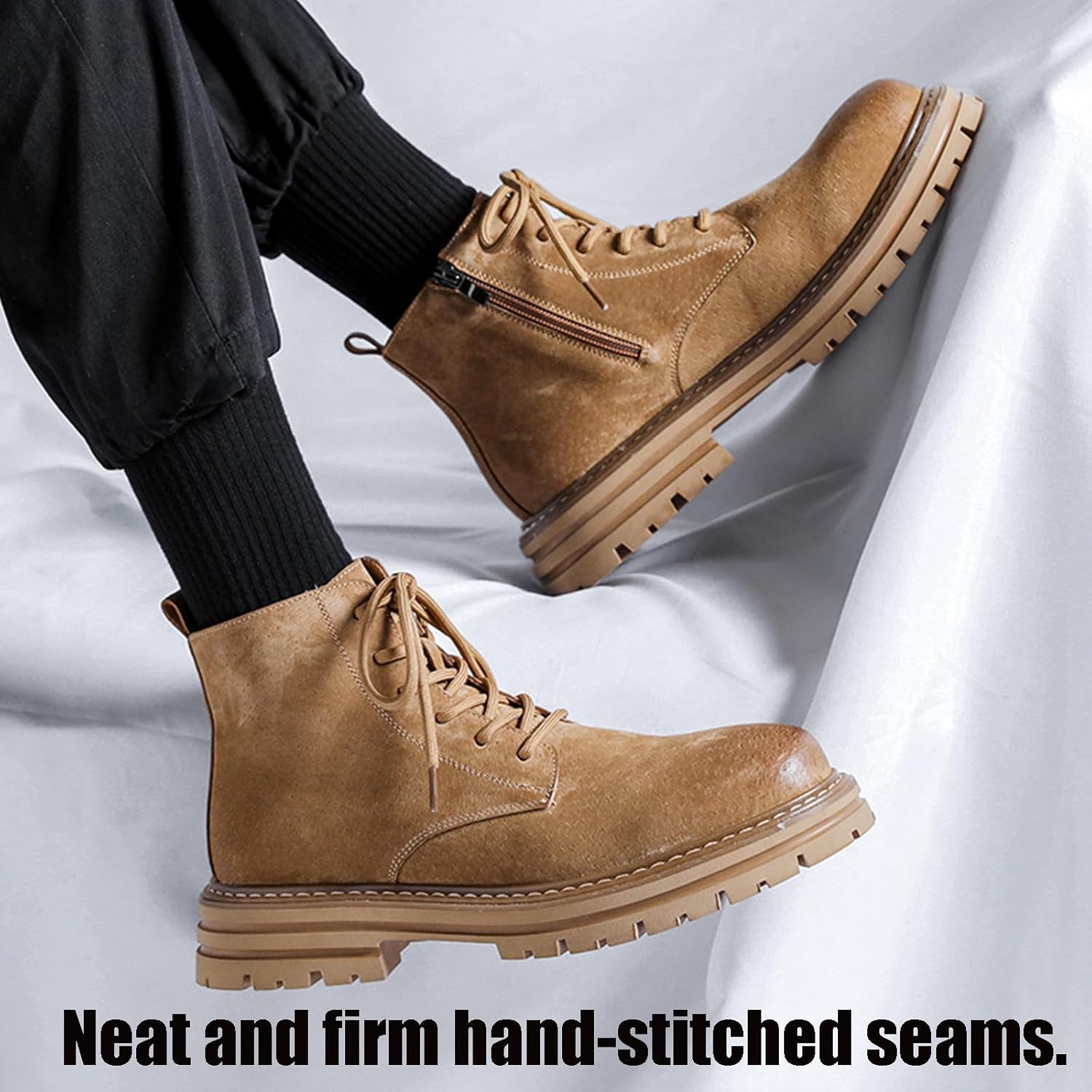 Men's Handmade Genuine Leather Lace-Up Motorcycle Combat Boots Comfortable Round Toe Side Zipper Non-Slip lug sole Dress Ankle Boots