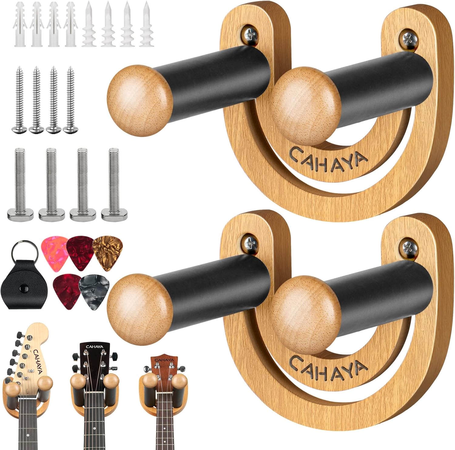CAHAYA Guitar Wall Mount Hanger: Adjustable U-Shaped Hook with 5 Picks and 1 Pick Bag for Acoustic, Electric Guitars, Bass, Banjo, Ukulele, Mandolin
