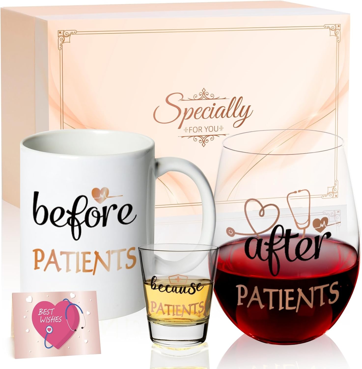 Rose Gold Coffee Mug Stemless Wine Glass and Shot Glass Gift Set for Women Nurse Doctor Dentist Funny Before Patients After Patients Because Patients Set with Gifted Package (Rose Gold)