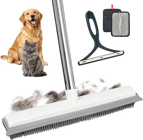 3-in-1 Pet Hair Removal Broom & Upgraded Electrostatic Glove Set, 51-in Adjustable Rubber Broom for Carpet, Hardwood Floor, Tile, with 2 Reusable Magic Fur Remover Gloves