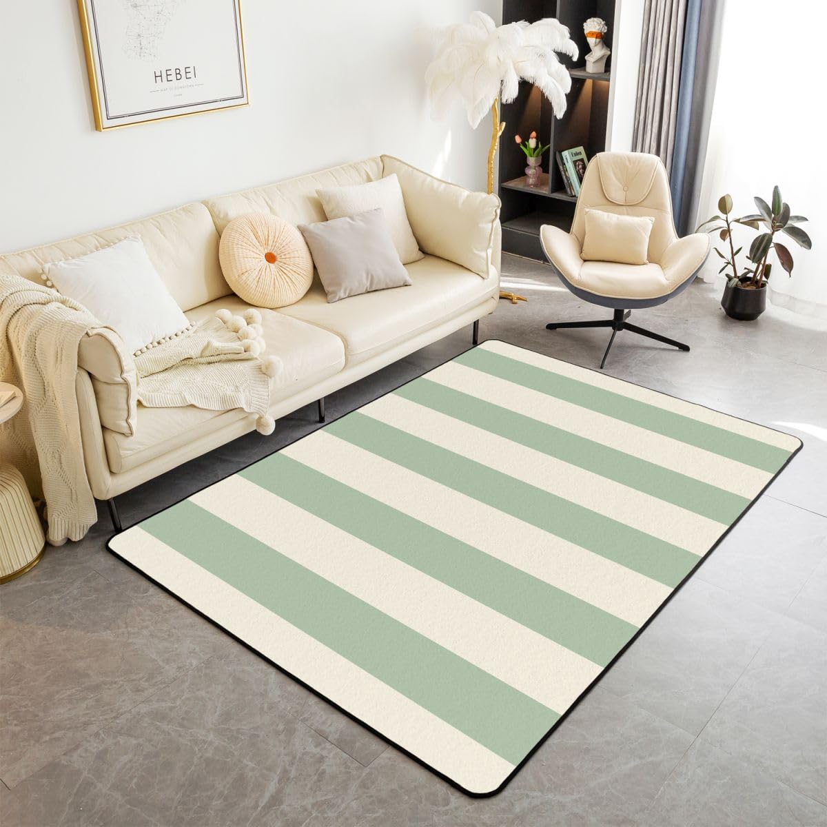Homewish Dywaniki w zielone beżowe paski do sypialni 100 x 150 cm