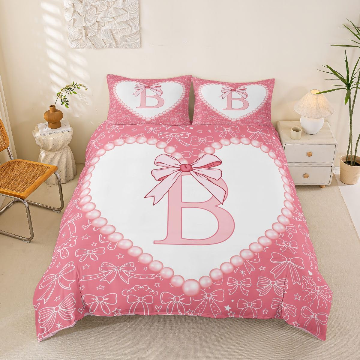 Housse de couette 200x200cm bowknot mignon et 2 taies 65x65 en microfibre