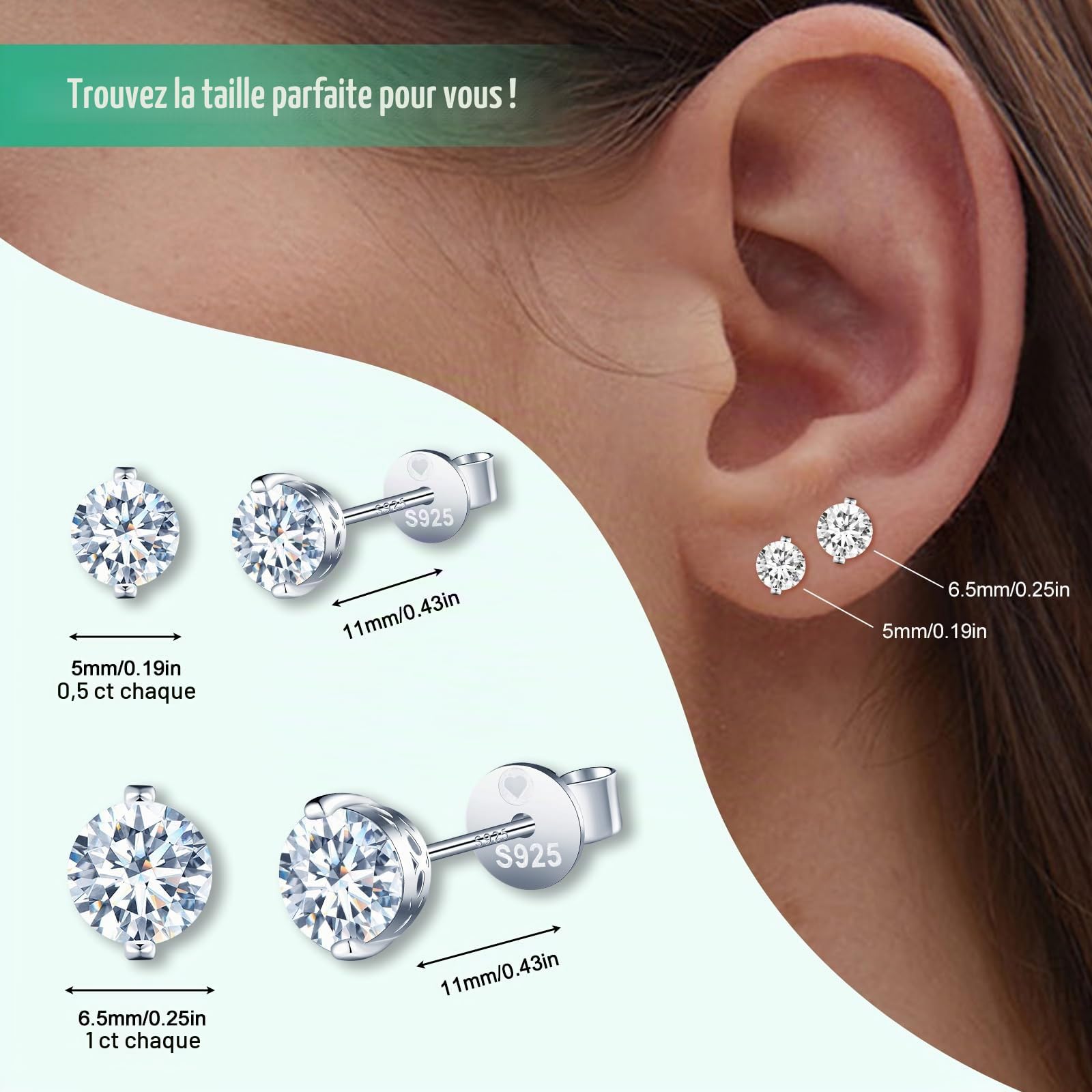 Boucles d'oreilles en diamant pour femme: clous d'oreilles en argent 925 avec 2 carats moissanites - couleur D clarté VVS1 6,5 mm diamant rond avec certificat GRA - bijoux de mariage
