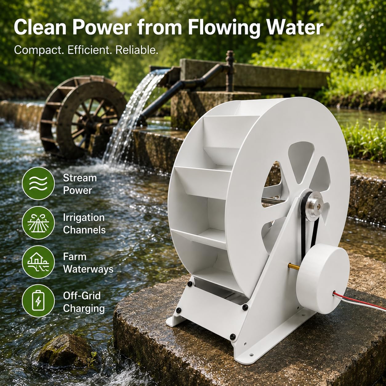 Generador de turbina de agua portátil de 100 W | Cuerpo de acero, transmisión por correa silenciosa, uso de bajo flujo cerca de arroyos, desagües y electrónica al aire libre