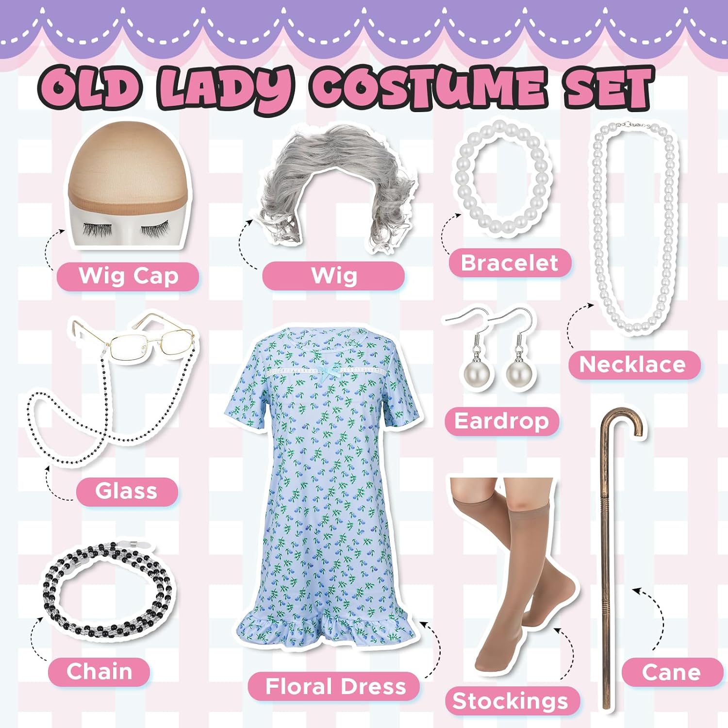MY-LADY Old Lady Costume 10PCS Set Grandma Costume Granny Outfit Nightgown Wig 100 Days of School Halloween Cosplay - Image 2