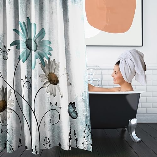 Miniatura 10 de Juego de cortinas de ducha de 4 piezas, madera desgastada de margaritas moradas con alfombras antideslizantes, cubierta para tapa de inodoro y