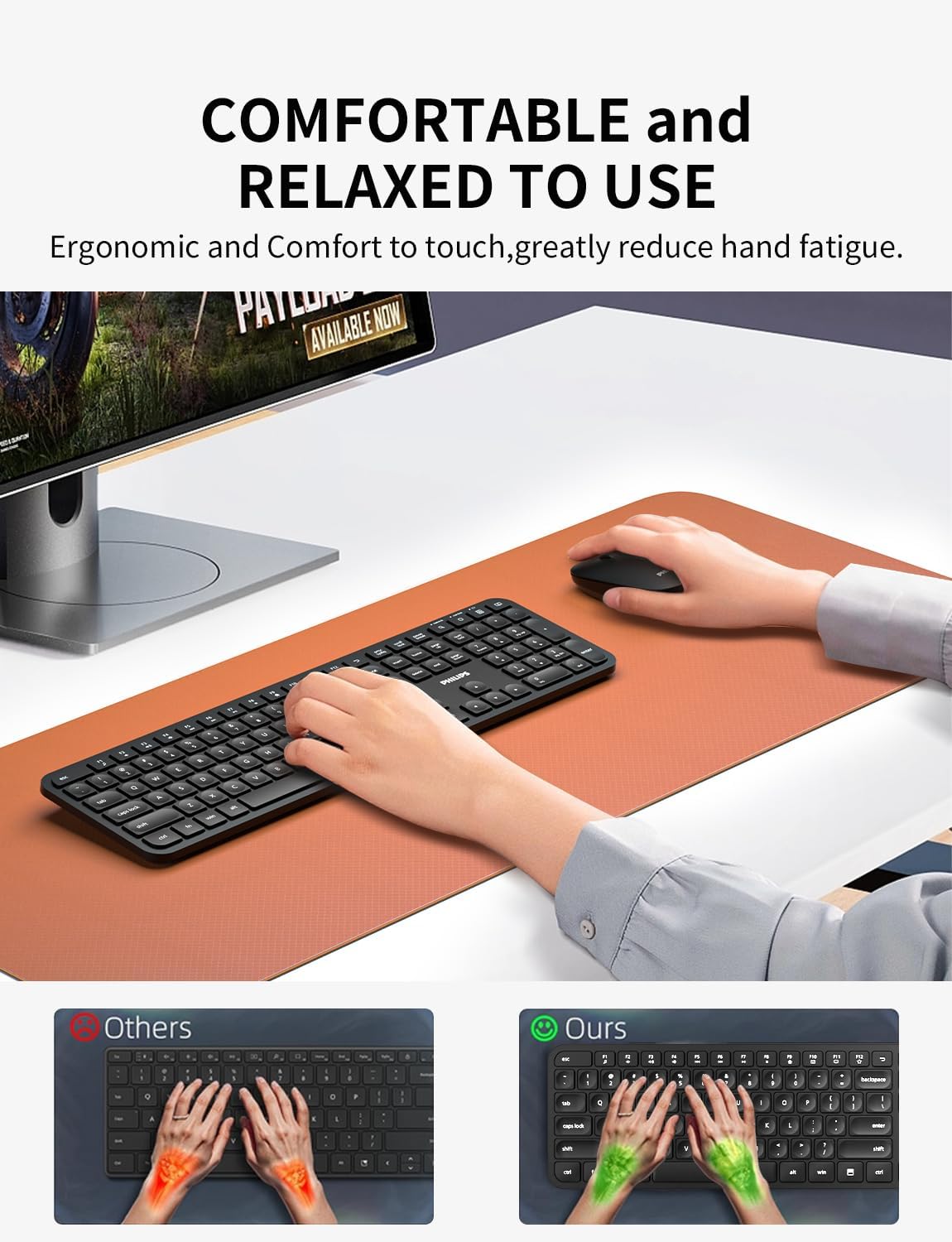 Philips Wireless Keyboard and Mouse Combo,2.4G 2 in 1 Receiver Cordless Full Size Keyboard and Mice,Ultra Slim and Quiet Keyboard & Ergonomic Mice for Windows XP/7/8/10,Mac OS X10.4 or Higher-Black
