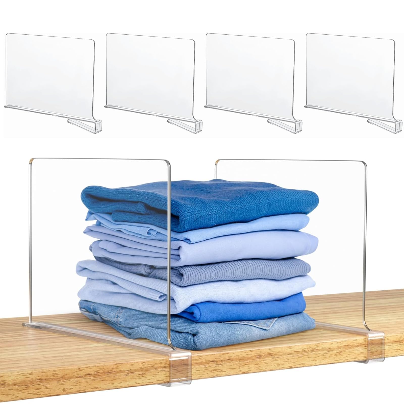 4 separadores de estantes acrílicos ajustables, transparentes para armario, cocina y estanterías, separadores de estantes ideales para una fácil instalación