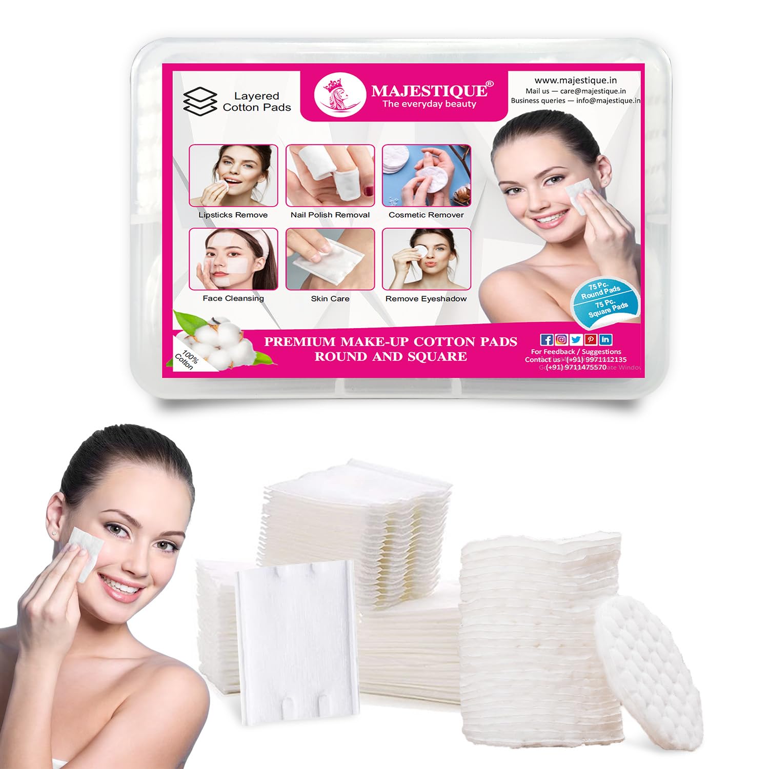 Majestique Premium Makeup Removal Cotton Pads Round and Square | Double Sided 100% Thick Layered Cotton Pad | Soft and Gentle Multipurpose Pads | Face Cleaning Cotton Pads- 150Pcs/1 Box-image-10
