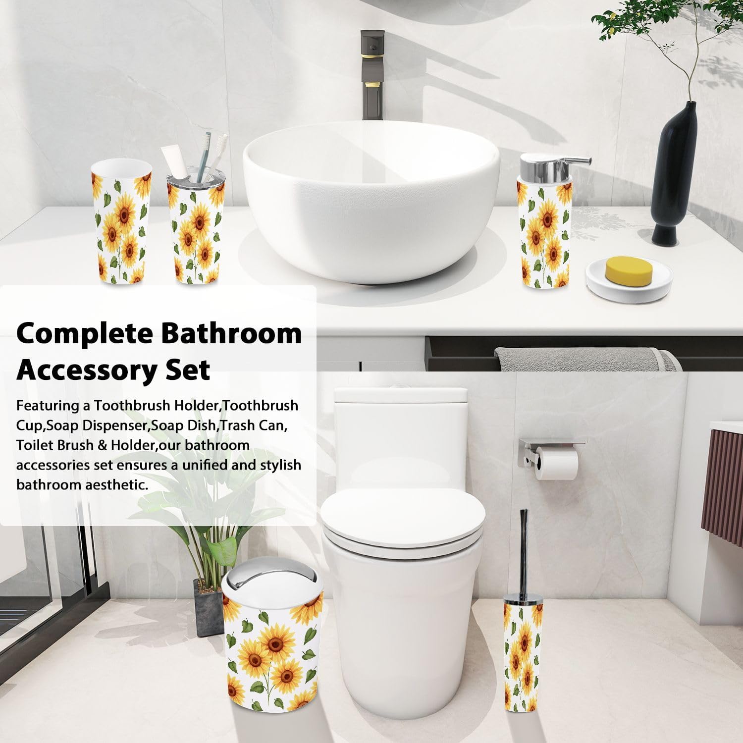 Bathroom Accessory Set 6 Piece Boho Sunflower Seamless Yellow Summer Floral White Repeating Trash Can, Toothbrush Holder, Soap Dispenser, Soap Dish, Toothbrush Cup, Toilet Brush Holder