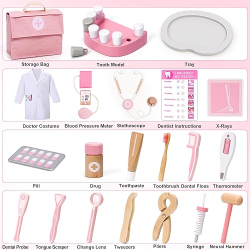 Miniatura 3 de Atoylink Kit médico para niños pequeños, juego de juguetes de simulación de dentista, 32 piezas de madera con disfraz y bolsa, dientes de simulación