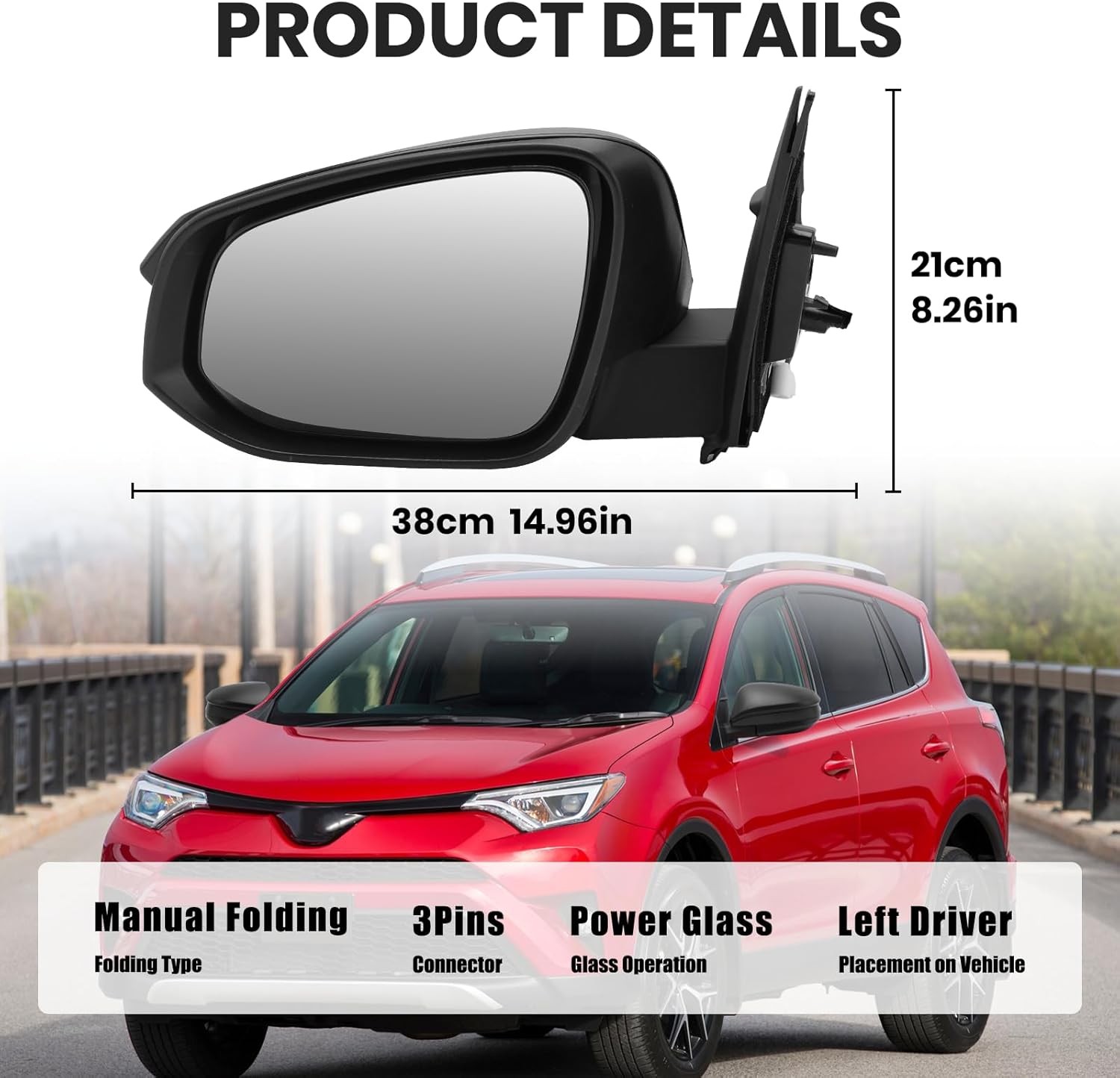 Left Driver Side Mirror Compatible with Toyota RAV4 2013 2014 2015 Power Manual Folding Non-Heated Door Mirrors (3 Pins)