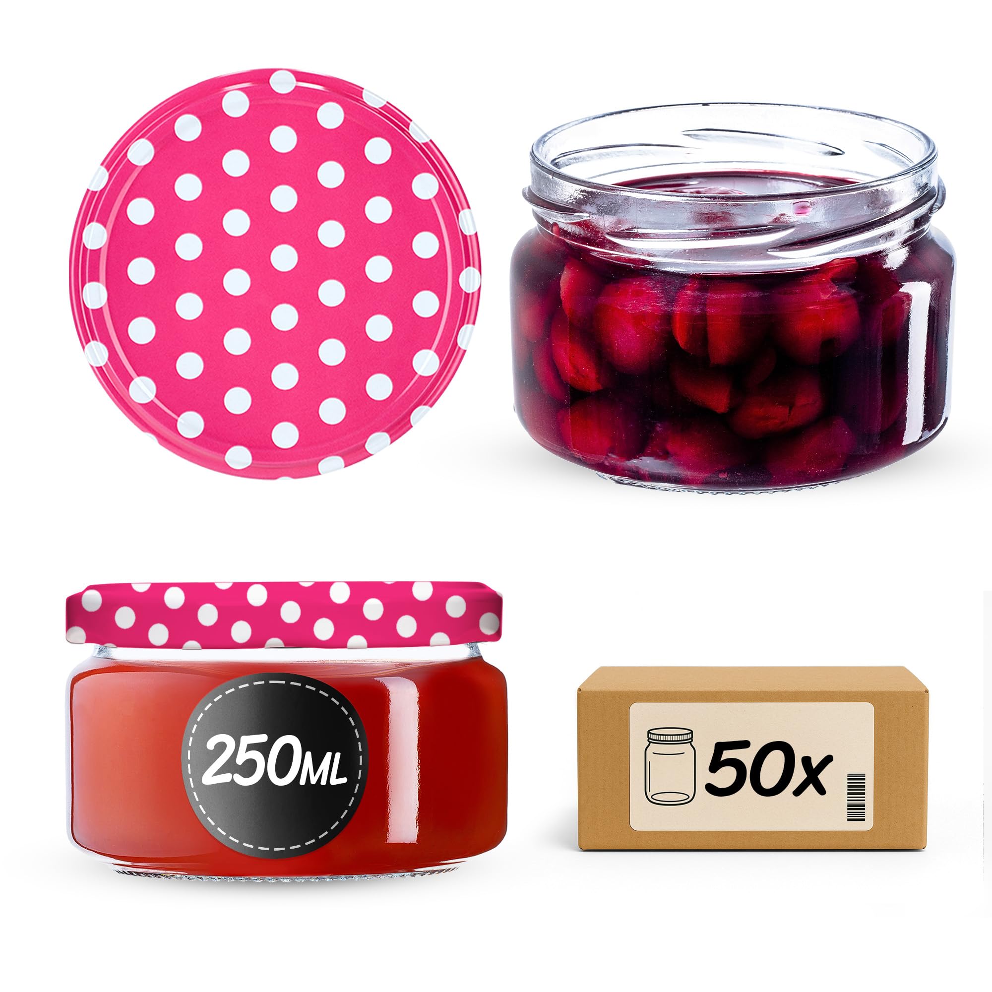 KADAX Lot de 50 pots à confiture en verre 250ml – Pour confitures, miel, conserves & cornichons – Passent lave-vaisselle, sans couvercle
