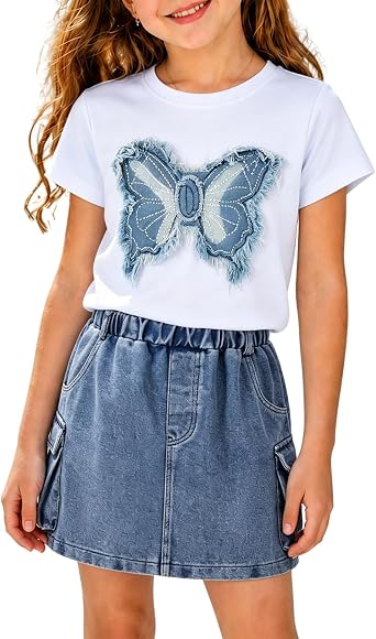 Azmxynol Girls Clothes Toddler Little Girl 2 Piece Summer Outfit T Shirt with 3D Embroidery + Denim Skirt Set, Size 4-8 Years