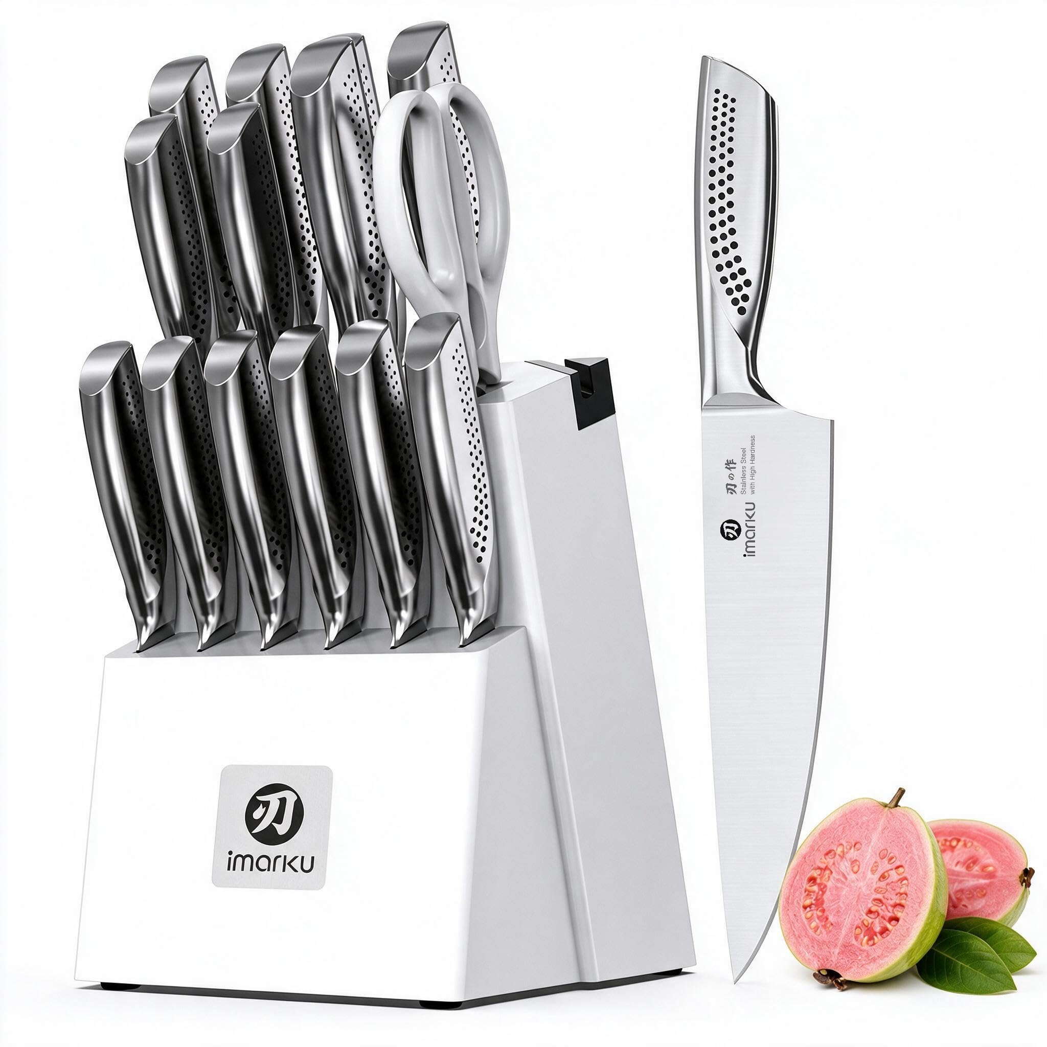 imarku 15PCS White Knife Set, High Carbon Stainless Steel with Sharpener