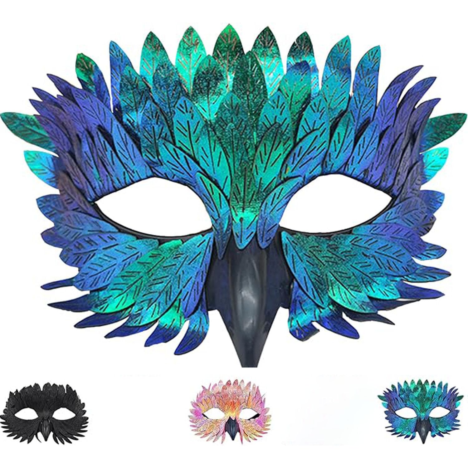 Bhina Half Face Mask, Crow Mask with False Feather Beaks for Adults, Green