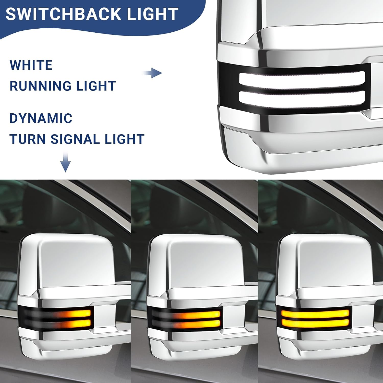 Switchback Towing Mirror Compatible with 2003-2007 Chevy Silverado GMC Sierra Tow Mirrors with Power Adjusted Heated Glass Running Light&Turn Signal Light Backup Lamp (All Chrome)
