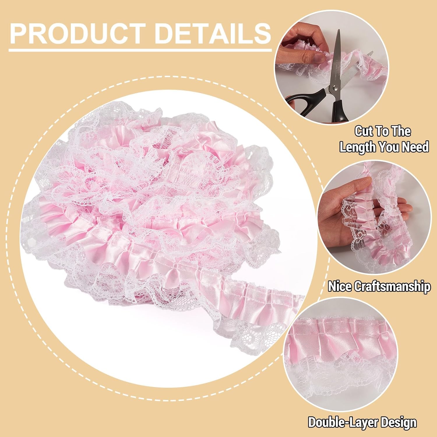 12.5 Yards Pink Ruffle Organza White Lace Trim 2 Layer Pleated Satin Lace Ribbon 4.7cm Laces Edge Ruffle Trim for Sewing Clothes Dress Home Decor Wedding