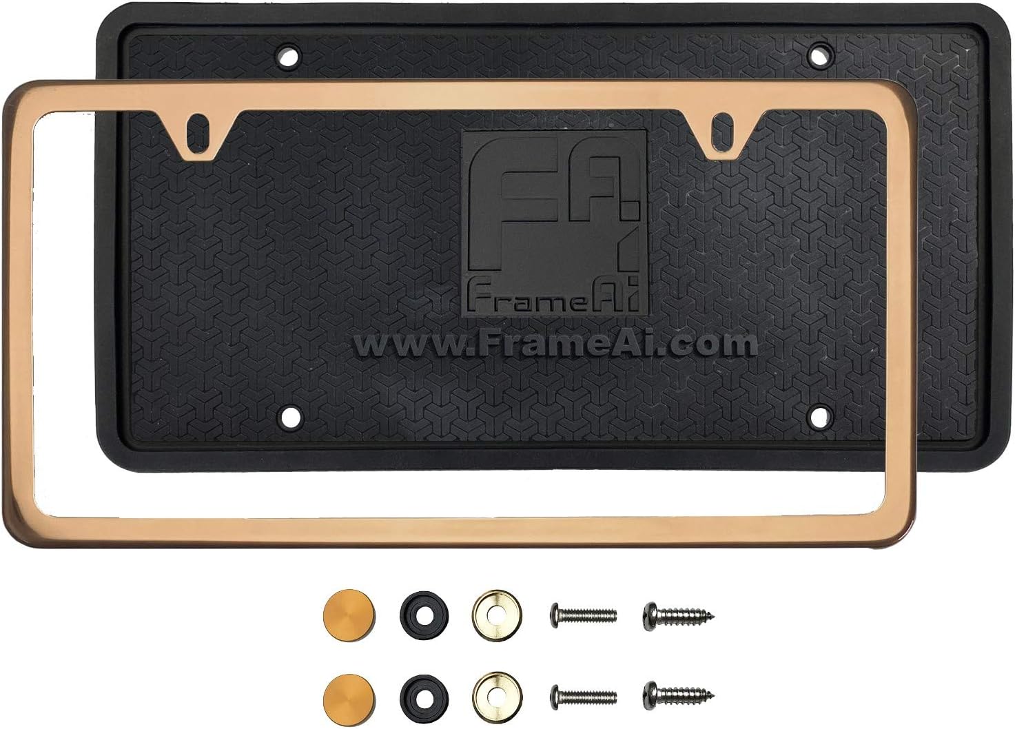 Silicone Back Guard Two Holes Slim License Plate Holder Rose Gold Chrome Polish Mirror License Plate Frame T304 Stainless Steel + Metal Screw Caps