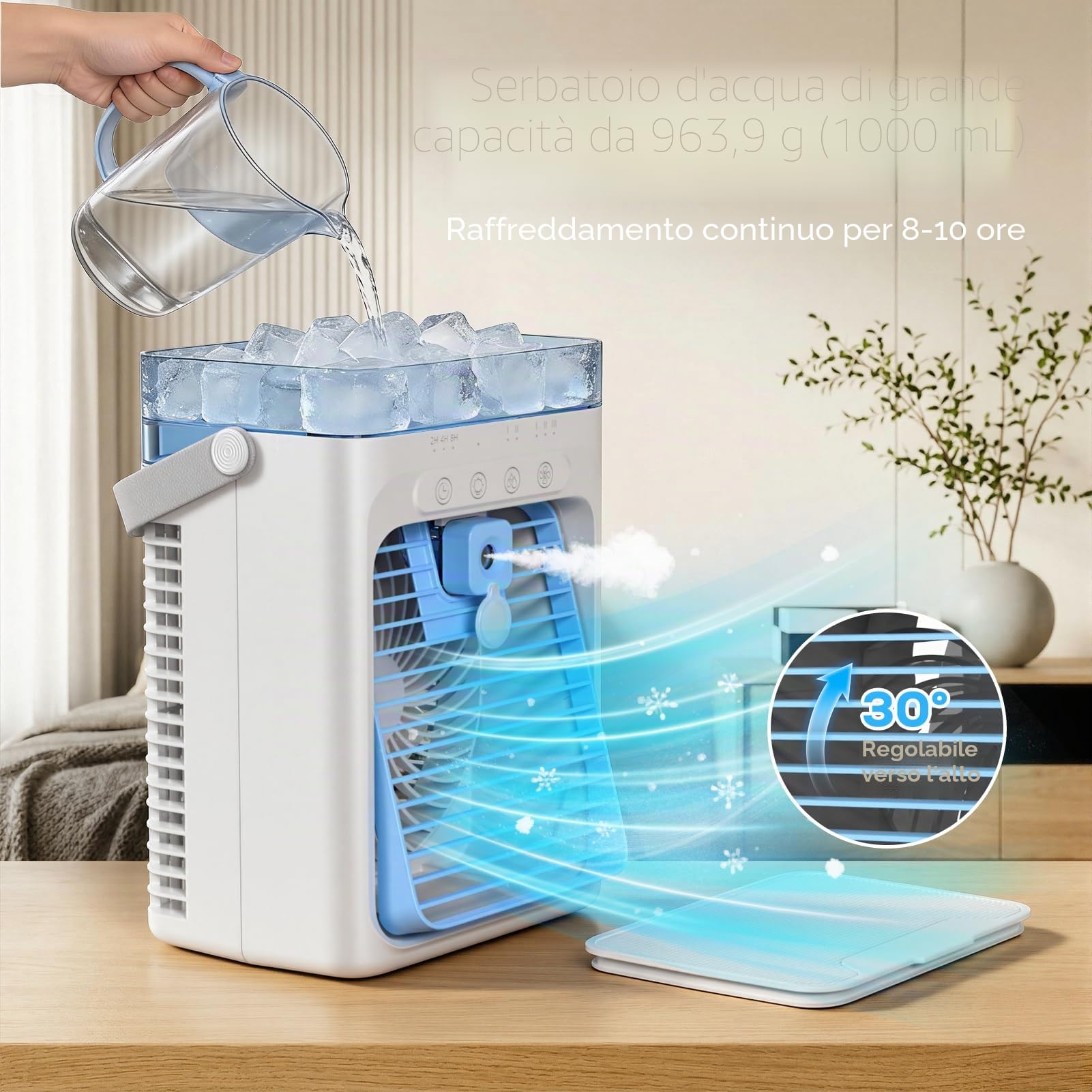 Condizionatore Portatile, Raffrescatore Evaporativo Personale, Mini Condizionatore, 3 Velocità, Ventilatore di Raffreddamento per Auto, Scrivania, Campeggio, Camera da Letto, Ufficio