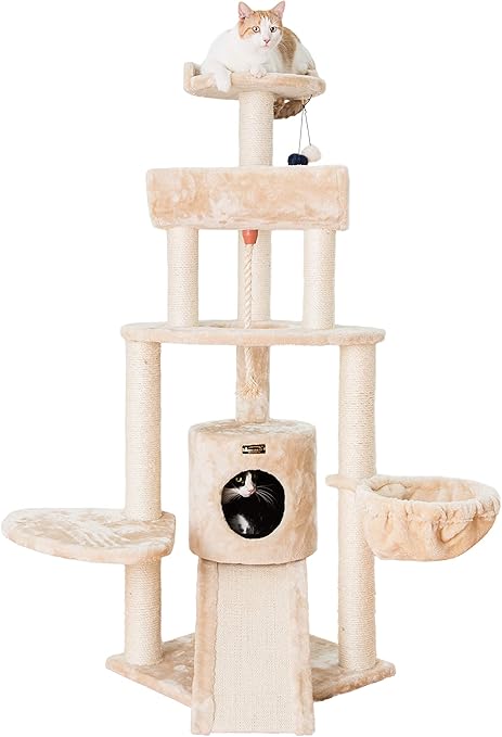 Armarkat Spacious Thick Fur Cat Tower Real Wood Furniture with Basket Lounge, Ramp, Beige A5806