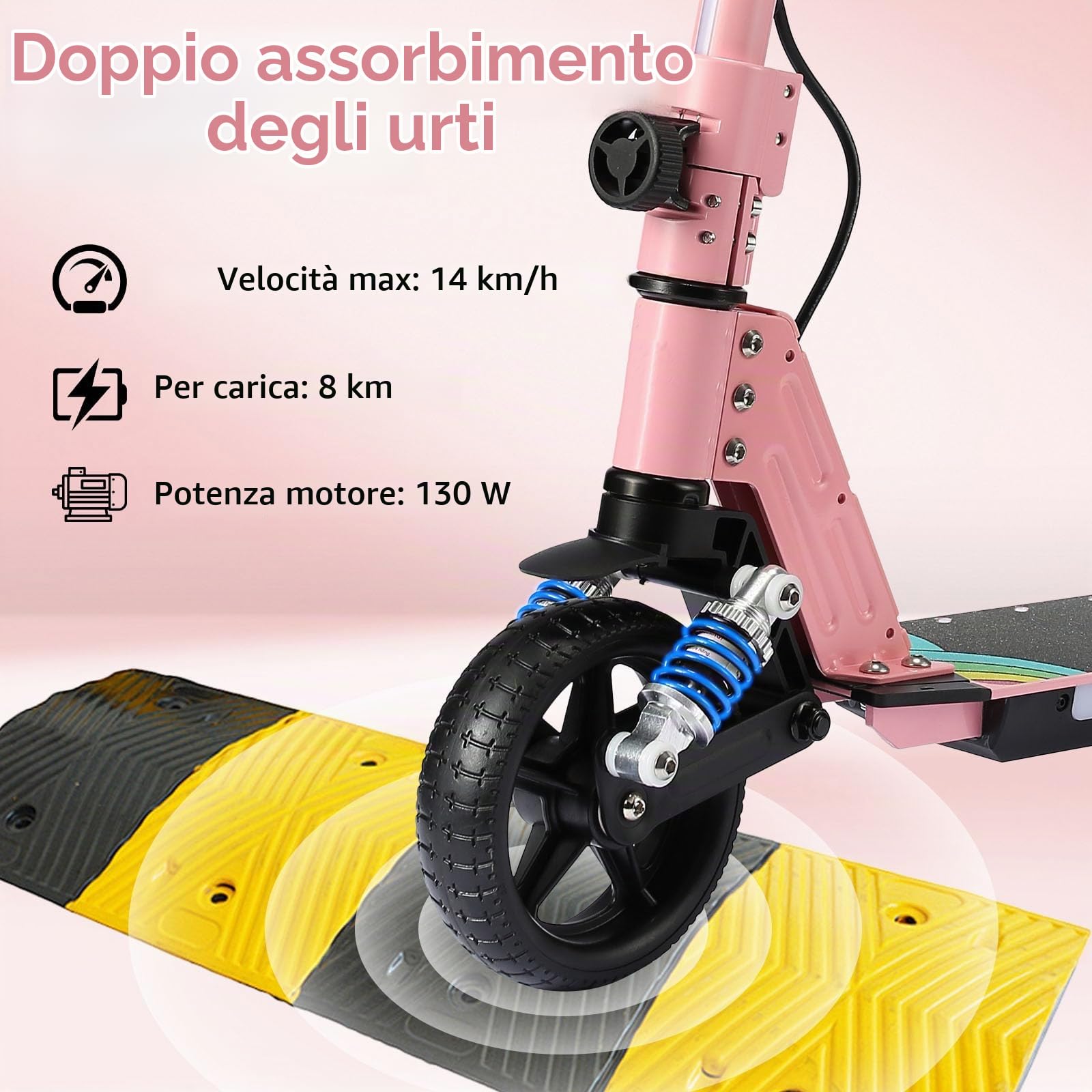 Monopattino elettrico per bambini, 6-12 anni, 130 W, 14 km/h, portata 8 km, luci LED colorate, pieghevole, scooter elettrico per ragazzi e ragazze, regalo per bambini