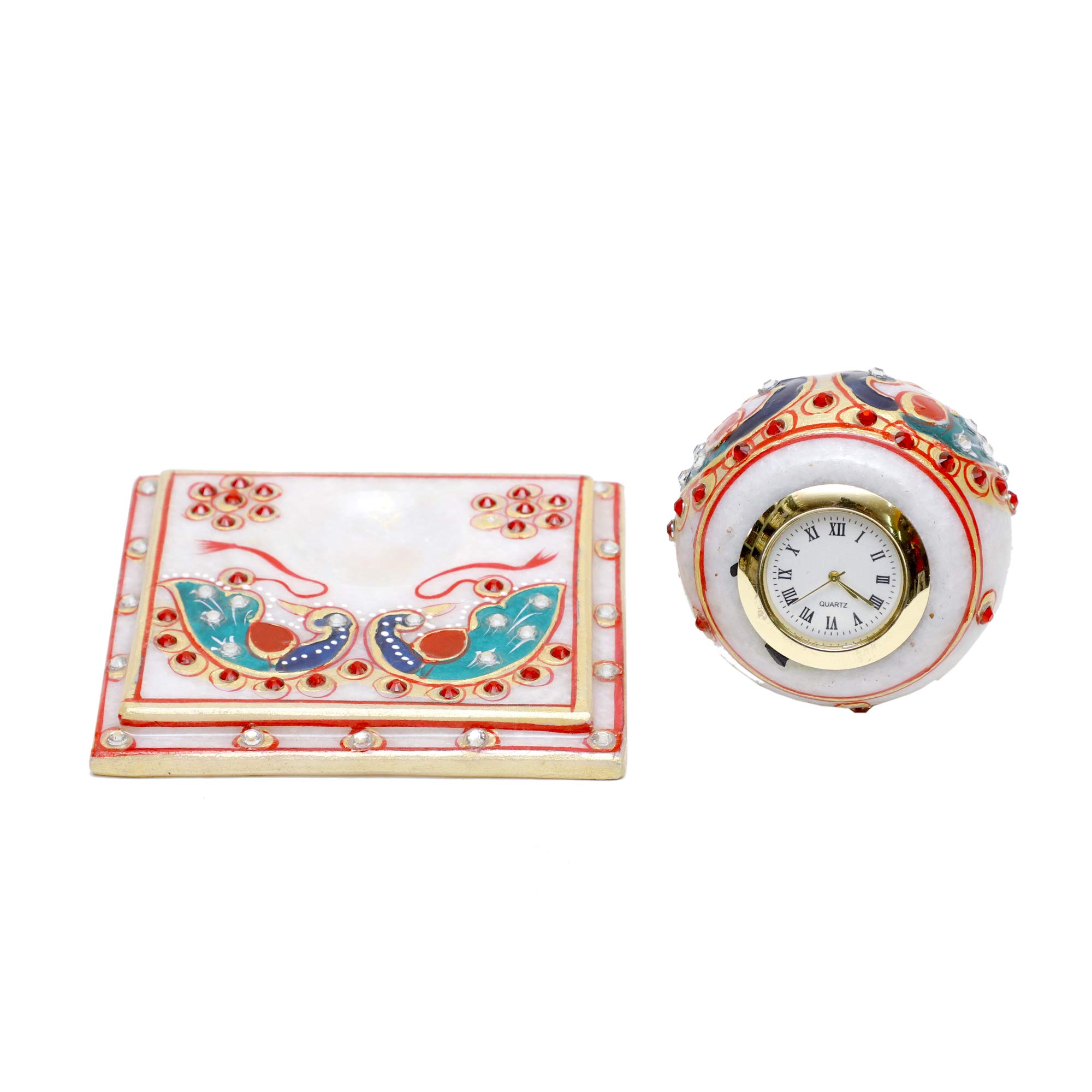 Anjali Arts Decorative Round Marble Clock with Plate Stand for Home | Table Top Handicraft Home Decor Designer Peacock Design Watch with Rajasthani Meenakari (Multicolor, 10x10x7.5 Cm) 1