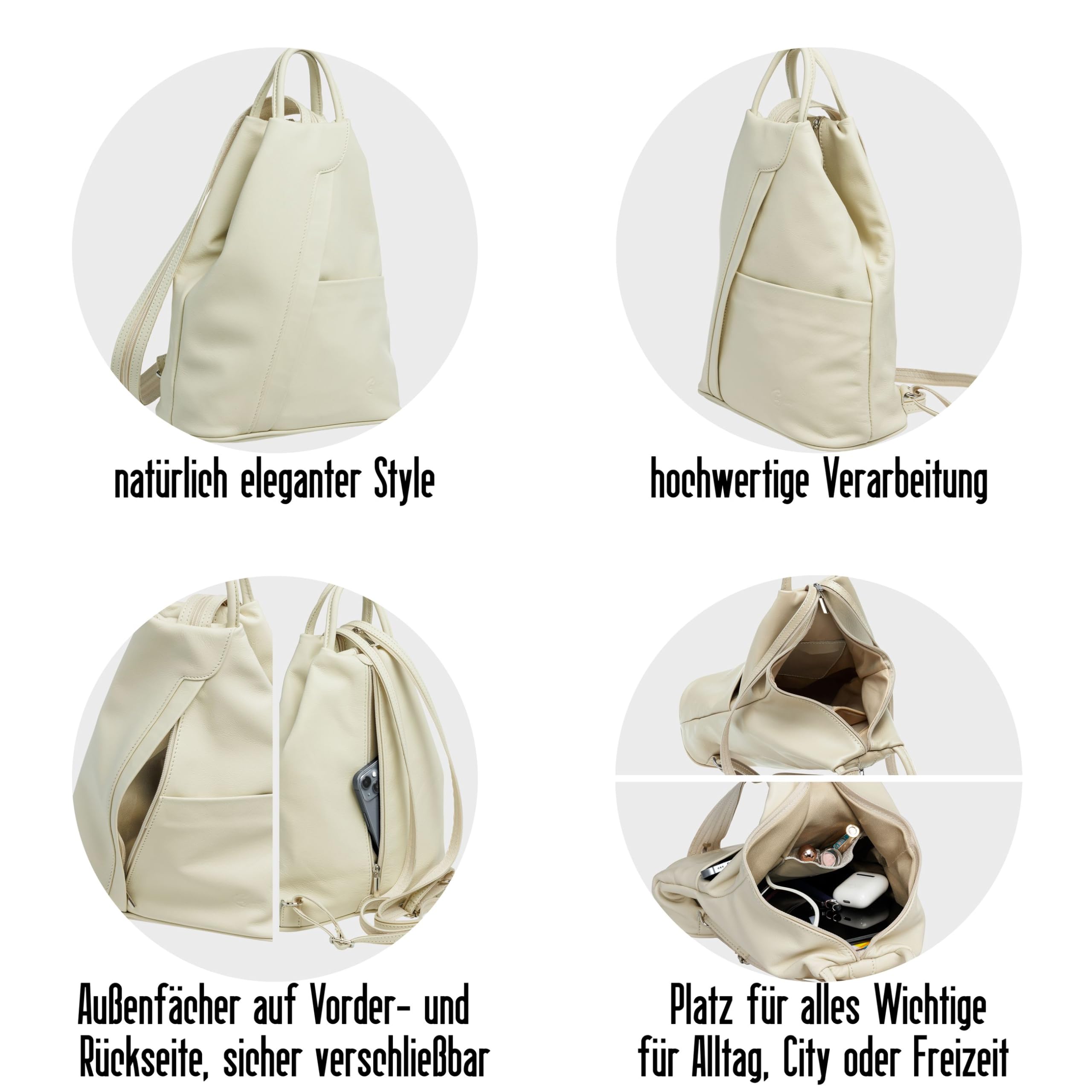 Caspar 2in1 Leder Rucksack Schultertasche Sportlich Elegante Damen Handtasche - SIGNATURE LINE - Modell No.782 - Made in Italy, Farbe:schwarz/cognac, Accessoires:One Size