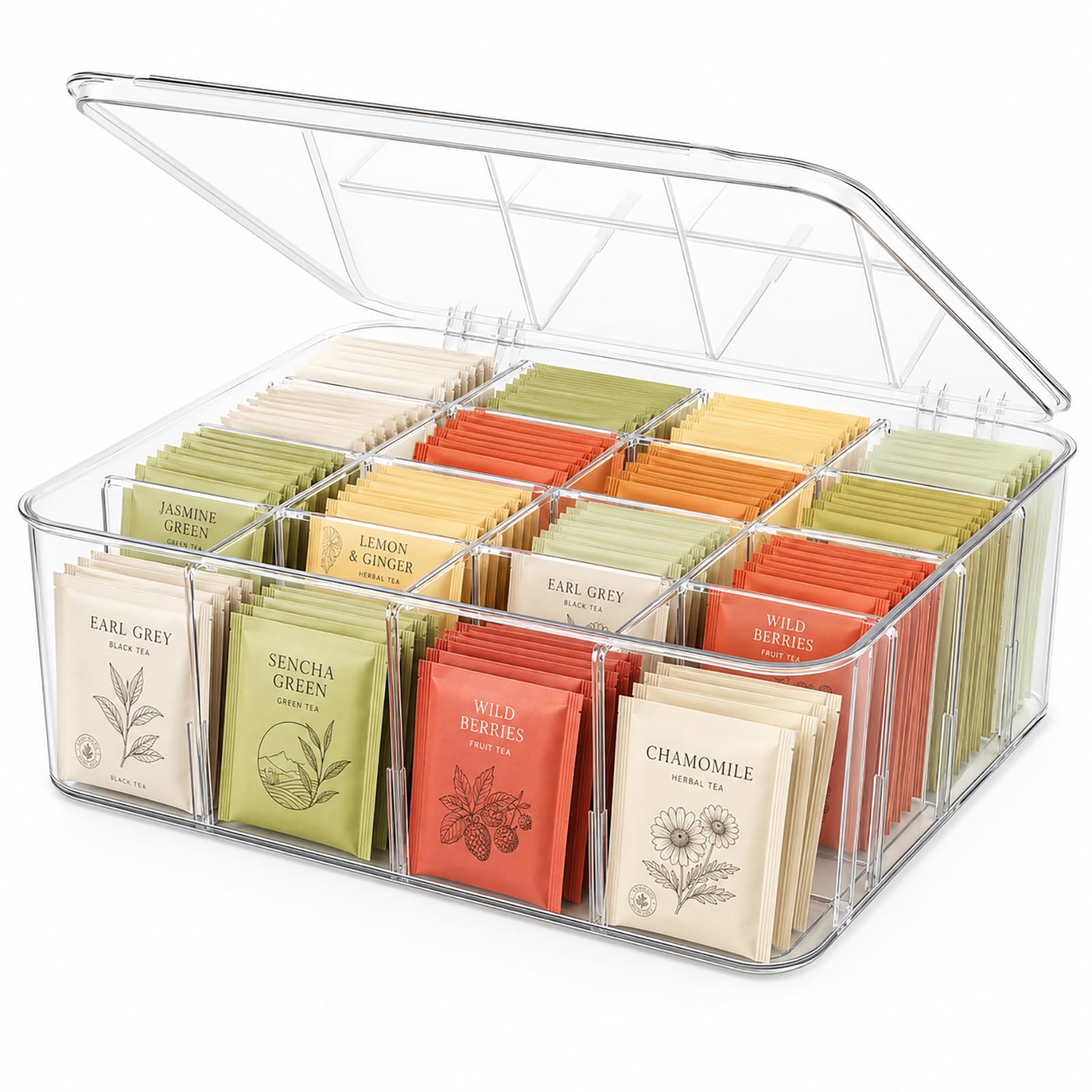 Hossejoy Clear Stackable Tea Bag Organizer with Hinged Lid - 16 Grid Storage for Tea, Coffee, Sugar Packets, Perfect for Kitchen Countertop, Pantry & Office