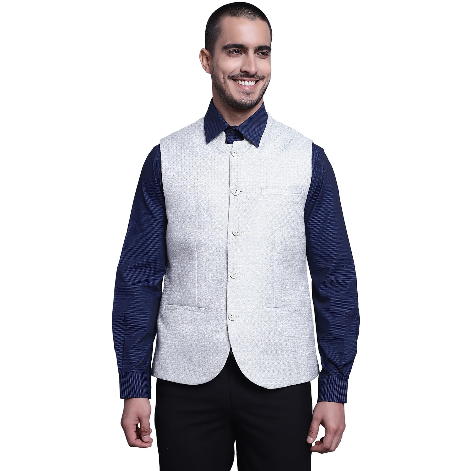 cantabil Men Light-Green Printed Mandarin Collar Waist Coat-picture-11