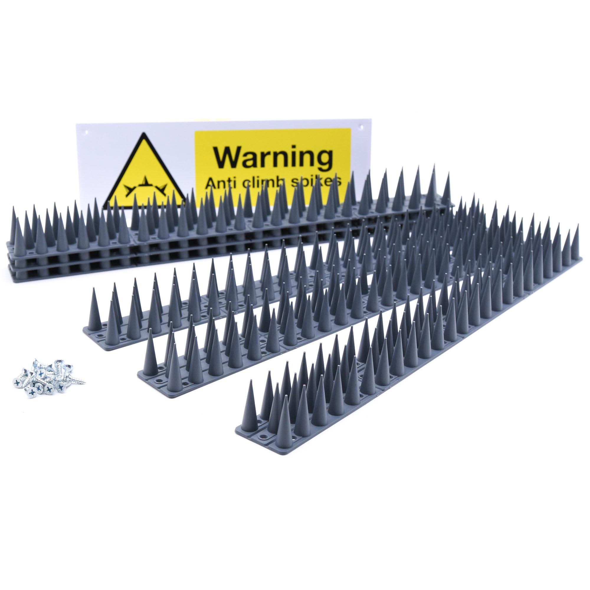 S4U Fence Wall Spikes 6pcs Garden Tall Bird Spikes Cat Pigeon Deterrent Coverage 2.65m Per Box Anti Climb 44 x 4.3 x 3.8cm Warning Sign & Screws Included (Grey 6pcs)
