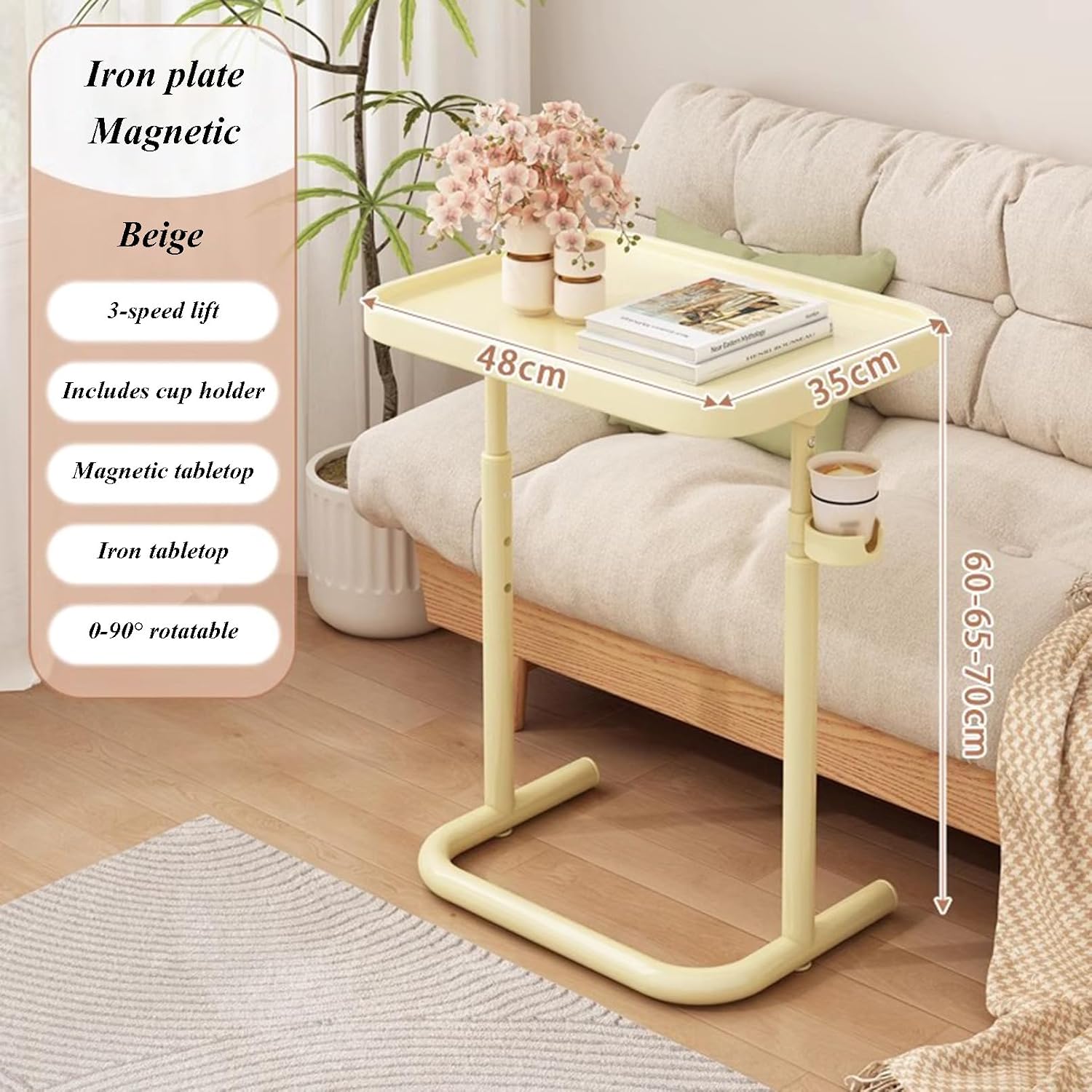 Overbed Table with Cup Holder, Adjustable Height, Hospital Over Bed Table, C Shaped Bedside Table for Elderly, Disabled Table for Eating, Over Wheelchair Table, Mobility Table