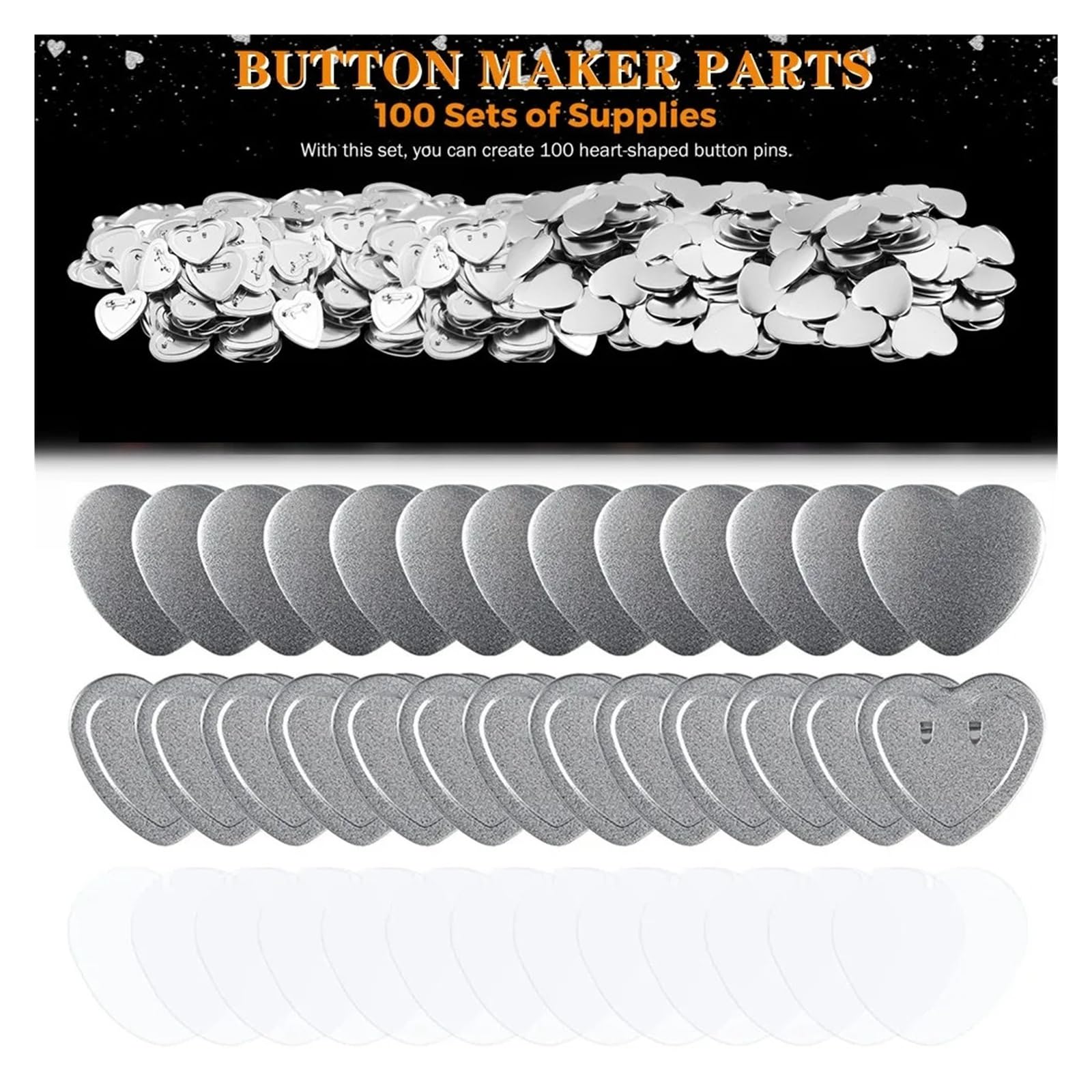 Lot de 100 badges vierges en forme de cœur, kit de fabrication de badges à faire soi-même, avec dessus en métal Compatible