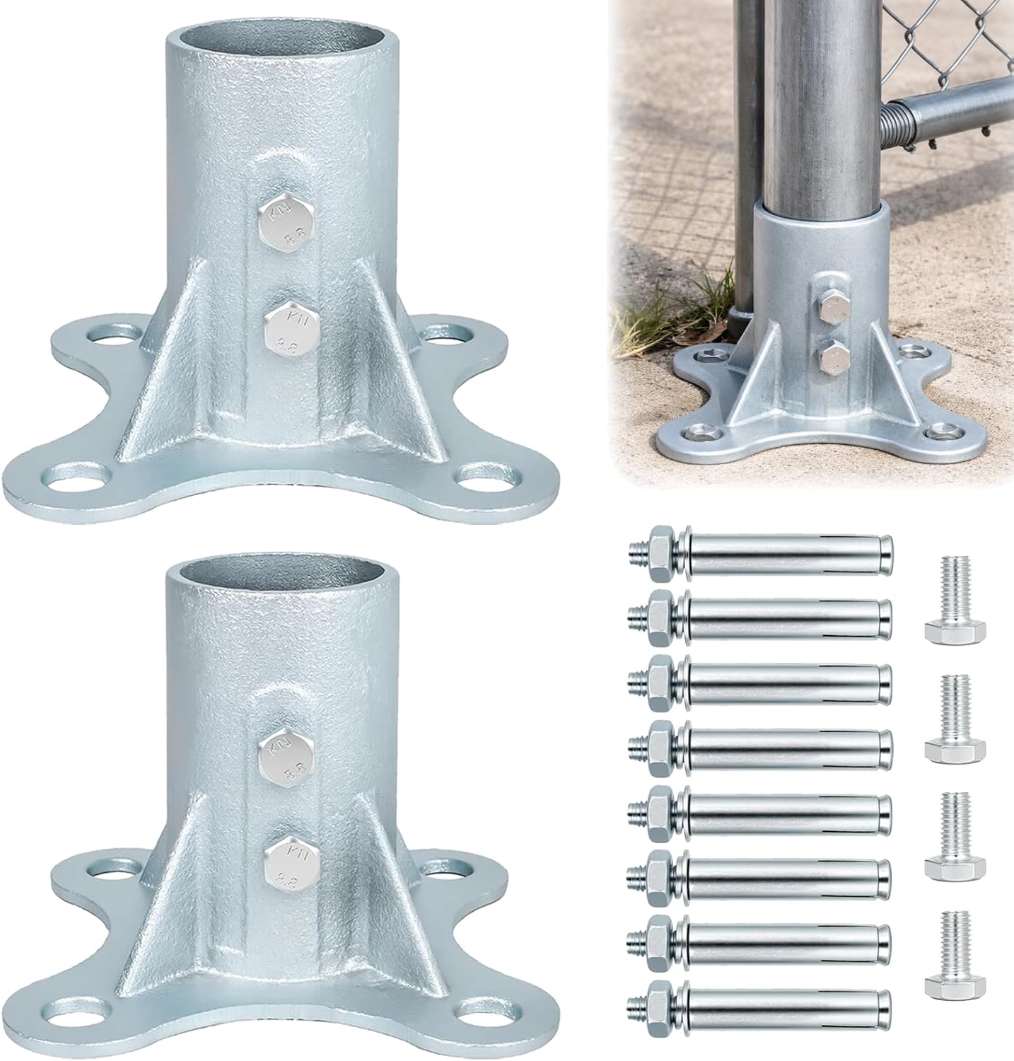 Chain Link Fence Post Floor Flange 2 1/2"(Actual OD 2 3/8"), Round Post Base, Chainlink Pole Floor Flange for Flag Mailbox Lamp, Galvanized Steel Base Flange, Includes Bolts and Nuts, 2 Pack
