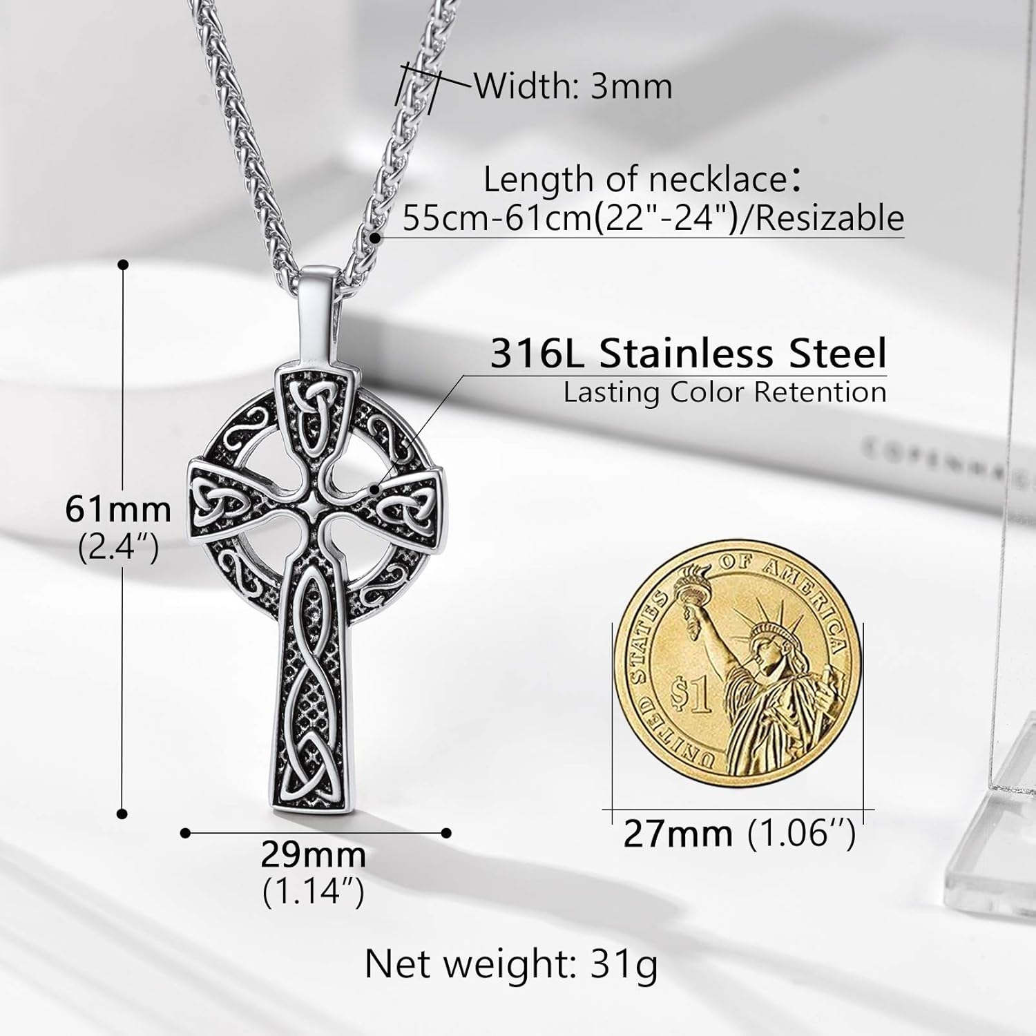 PROSTEEL 316L Stainless Steel Celtic Knot Triquetra Necklace, Irish Christian Cross Pendant Necklace for Men Women, Protection Amulet Jewelry, 22"-24" Adjustable, Come with Box - Image 4
