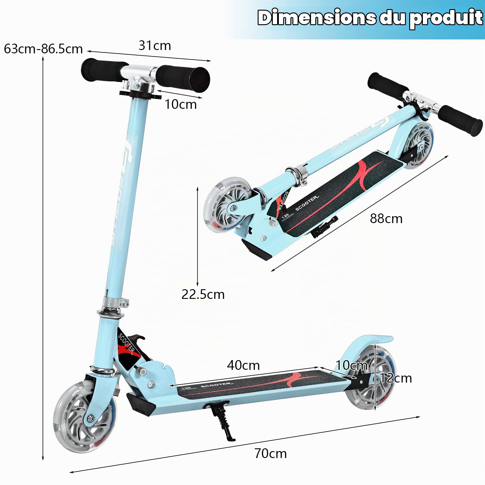 KOMFOTTEU Trottinette Enfant avec 2 roulettes, LED et Frein, Planche à roulettes Pliabl, Hauteurs réglables 63-85 cm, Scooter en Aluminium, Charge jusqu'à 70 kg, Enfants Plus de 4 Ans
