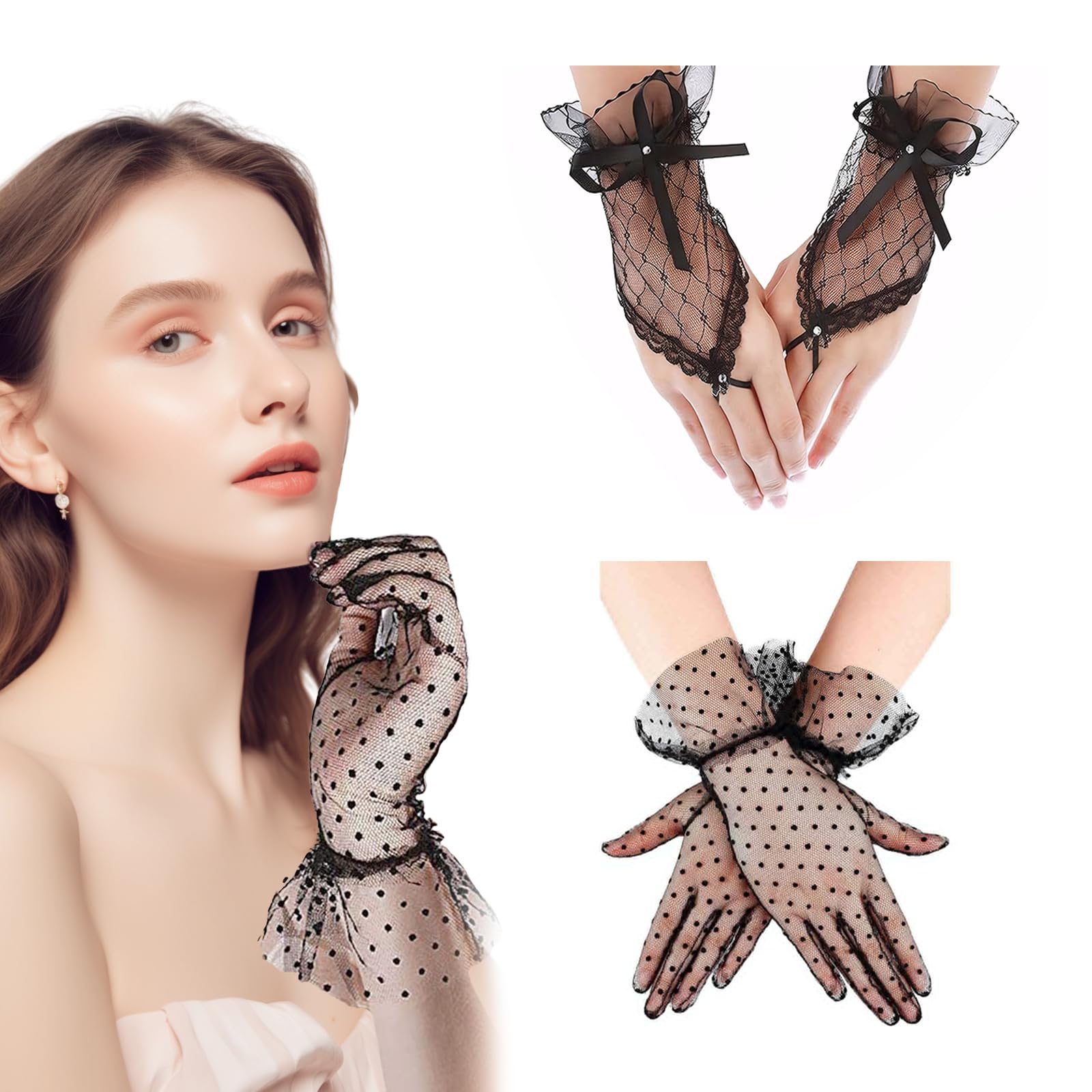 2 Paar Spitzenhandschuhe Schwarz – 40 Cm & 54 Cm, Brauthandschuhe Vintage Style Für Hochzeit & Party