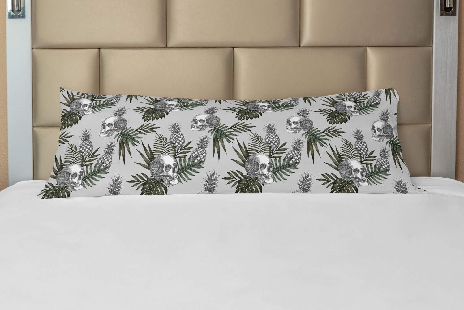 Ambesonne Skull Body Pillow Case Cover with Zipper, Goth in Tropical Pineapples Leaves Modern Jungle, Decorative Accent Long Pillowcase, 21" x 54", Green Brown Sage Green