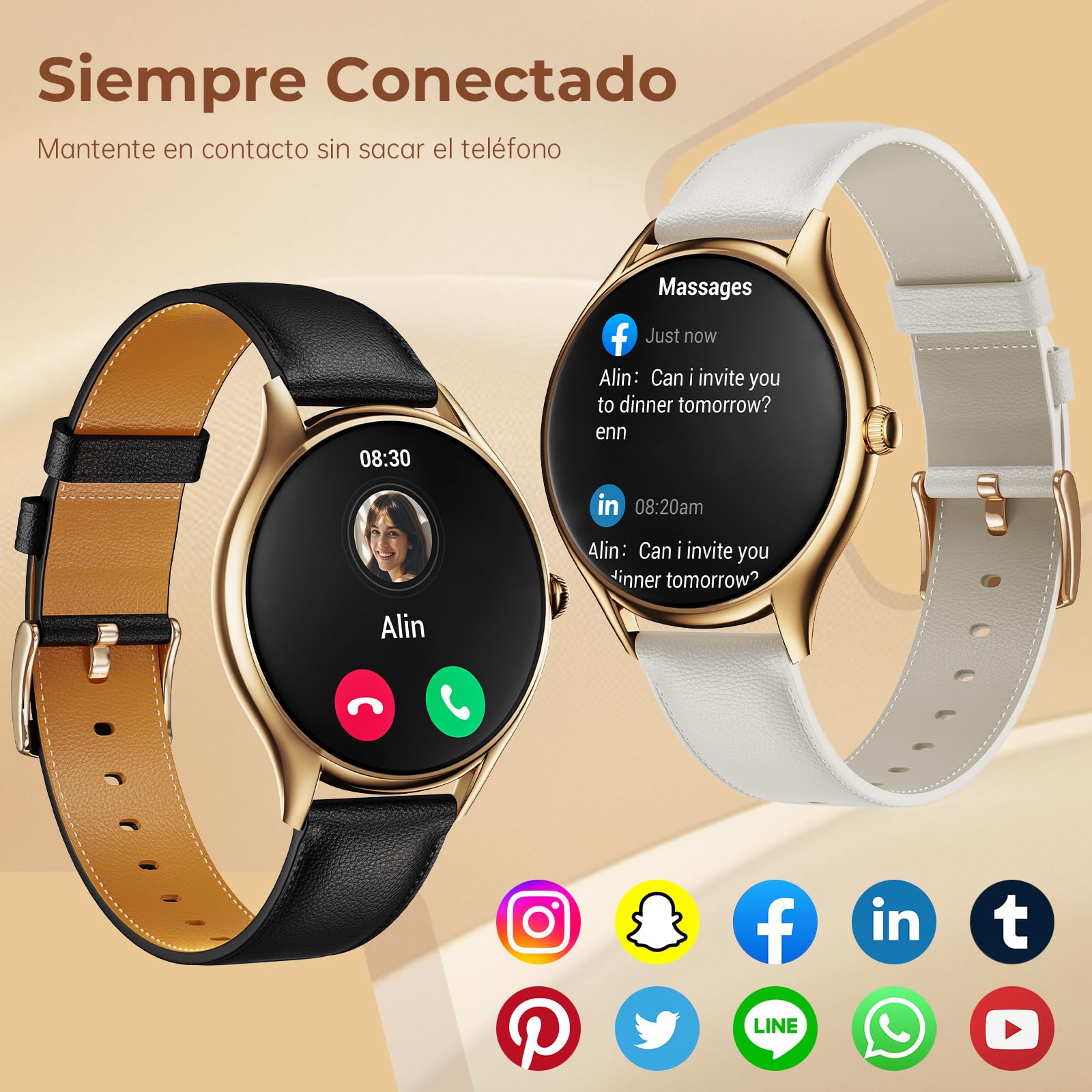 Reloj Inteligente Mujer con Pantalla AMOLED 1,43" Smartwatch Deportivo Impermeable IP68, Monitor Sueño/SpO2/Ciclo Menstrual, 120+ Modos Deporte, Diseño Ultra Delgado Elegante (Oro Rosa/Negro)